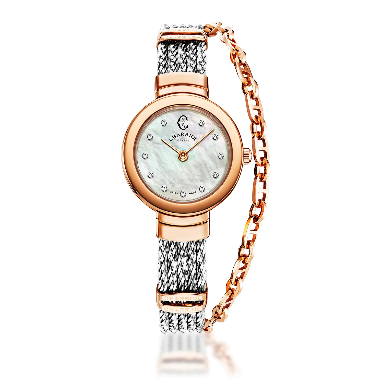 ST TROPEZ®, 25MM, QUARTZ CALIBRE, MOTHER-OF-PEARL WITH 11 DIAMONDS DIAL, ROSE GOLD PVD BEZEL, STEEL CABLE BRACELET & ROSE GOLD PVD DECORS