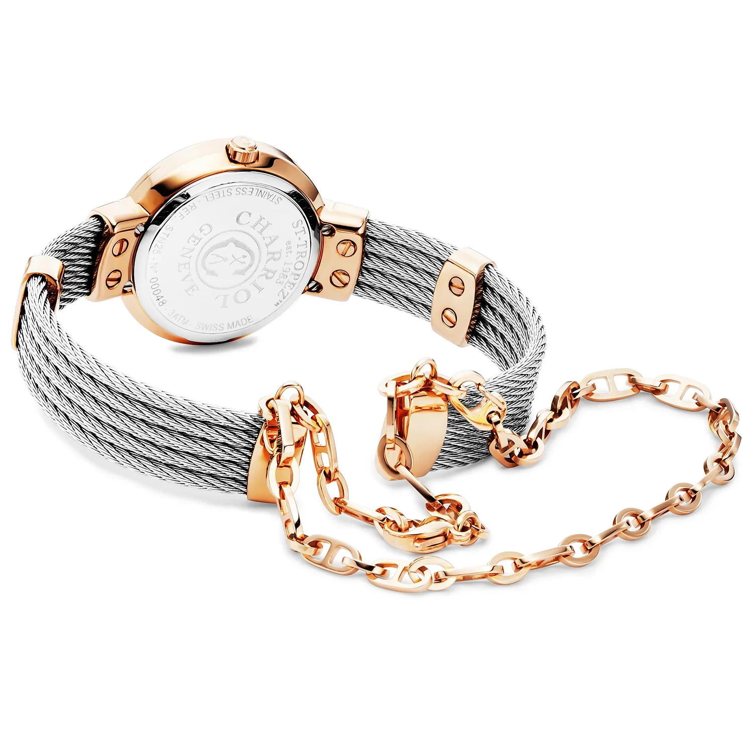 ST TROPEZ®, 25MM, QUARTZ CALIBRE, MOTHER-OF-PEARL DIAL, ROSE GOLD PVD WITH 36 DIAMONDS BEZEL, STEEL CABLE BRACELET - Image 2