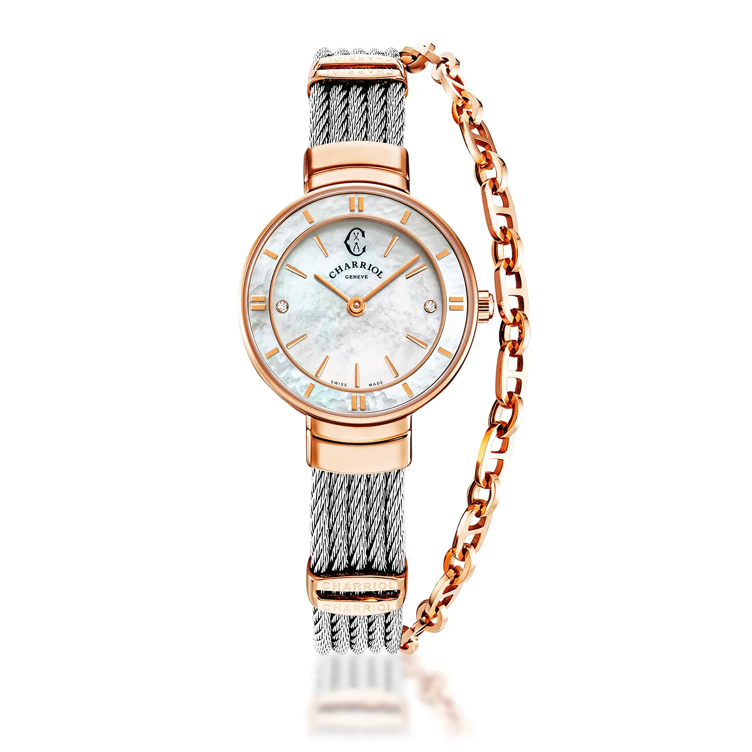 ST TROPEZ®, 25MM, QUARTZ CALIBRE, MOTHER-OF-PEARL WITH 2 DIAMONDS DIAL, MOTHER-OF-PEARL BEZEL, STEEL CABLE BRACELET & ROSE GOLD PVD DECORS