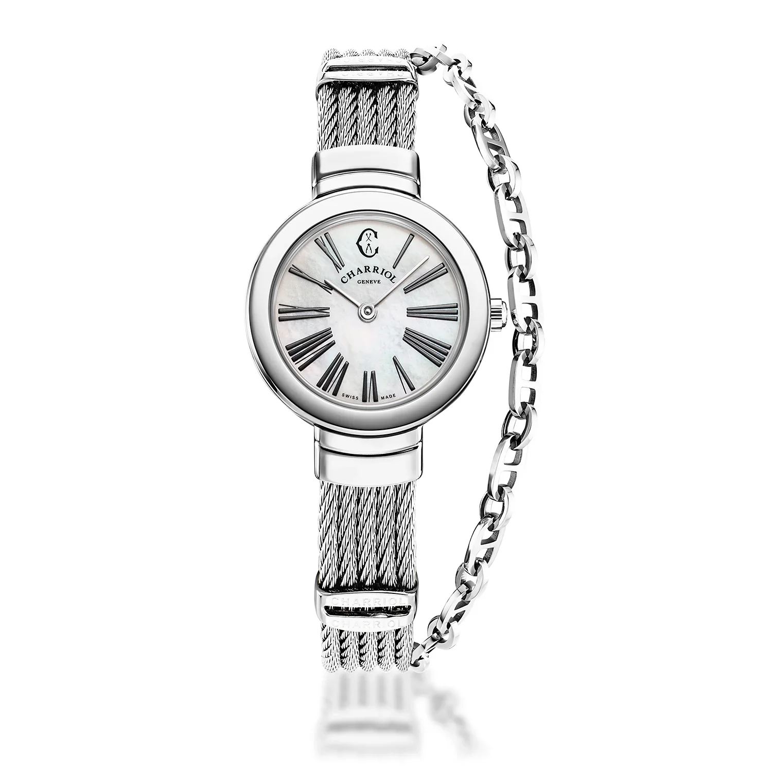 ST TROPEZ®, 25MM, QUARTZ CALIBRE, MOTHER-OF-PEARL WITH ROMAN DIAL, STEEL BEZEL, STEEL CABLE BRACELET & STEEL DECORS