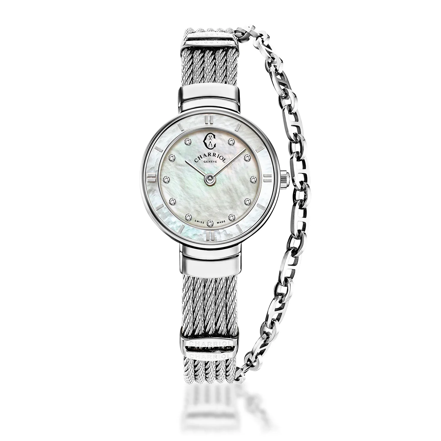 ST TROPEZ®, 25MM, QUARTZ CALIBRE, MOTHER-OF-PEARL WITH 11 DIAMONDS DIAL, MOTHER-OF-PEARL BEZEL, STEEL CABLE BRACELET