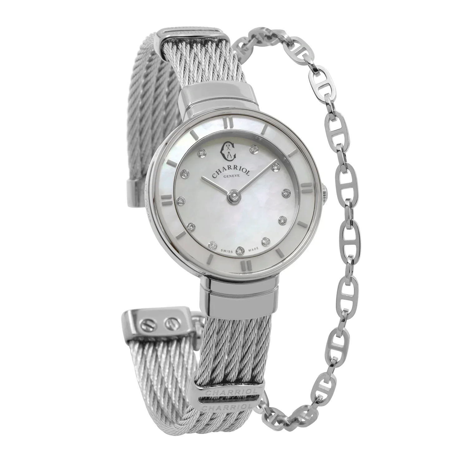 ST TROPEZ®, 25MM, QUARTZ CALIBRE, MOTHER-OF-PEARL WITH 11 DIAMONDS DIAL, MOTHER-OF-PEARL BEZEL, STEEL CABLE BRACELET - Image 3
