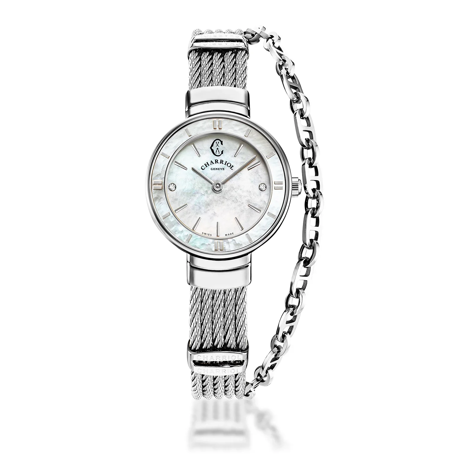 ST TROPEZ®, 25MM, QUARTZ CALIBRE, MOTHER-OF-PEARL WITH 2 DIAMONDS DIAL, MOTHER-OF-PEARL BEZEL, STEEL CABLE BRACELET & STEEL DECORS