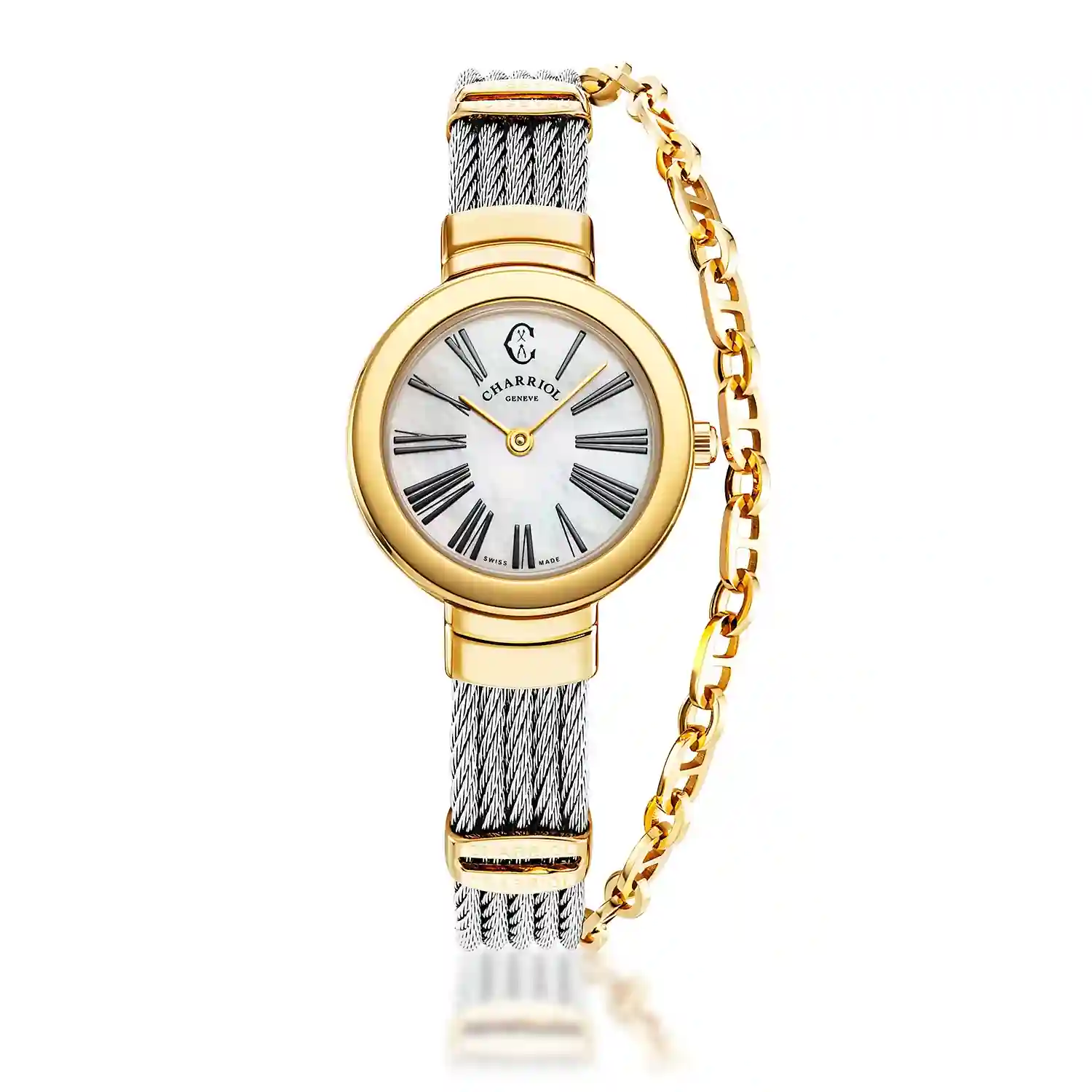 ST TROPEZ®, 25MM, QUARTZ CALIBRE, MOTHER-OF-PEARL DIAL, YELLOW GOLD PVD BEZEL, STEEL CABLE BRACELET
