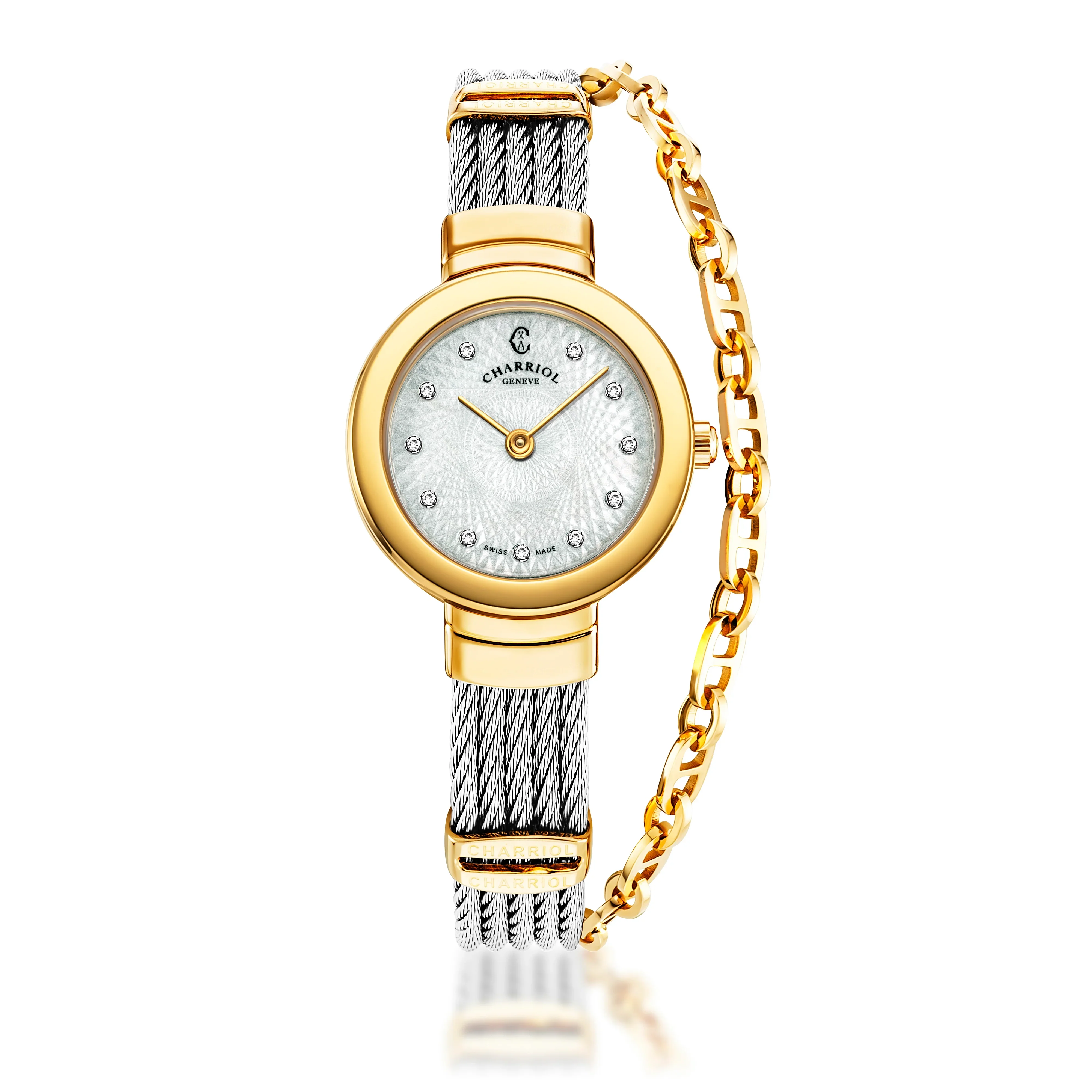 ST-TROPEZ® GUILLOCHE, 25MM, STEEL YELLOW GOLD PVD BEZEL, WHITE GUILLOCHE MOTHER-OF-PEARL WITH 10 DIAMONDS DIAL, STEEL CABLE WITH YELLOW GOLD PVD DECORS BRACELET