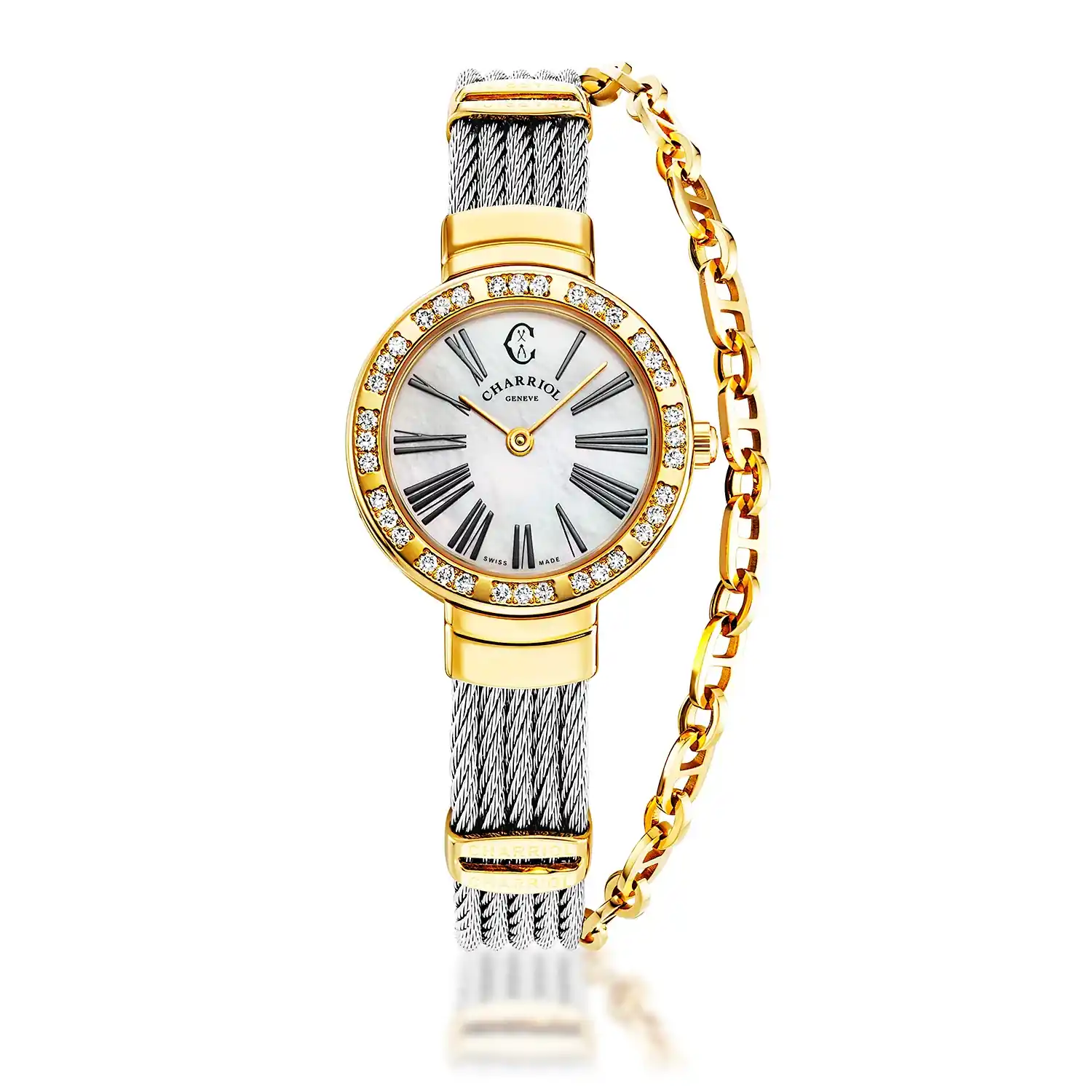 ST TROPEZ®, 25MM, QUARTZ CALIBRE, MOTHER-OF-PEARL DIAL, YELLOW GOLD PVD WITH 36 DIAMONDS BEZEL, STEEL CABLE BRACELET & YELLOW GOLD PVD DECORS