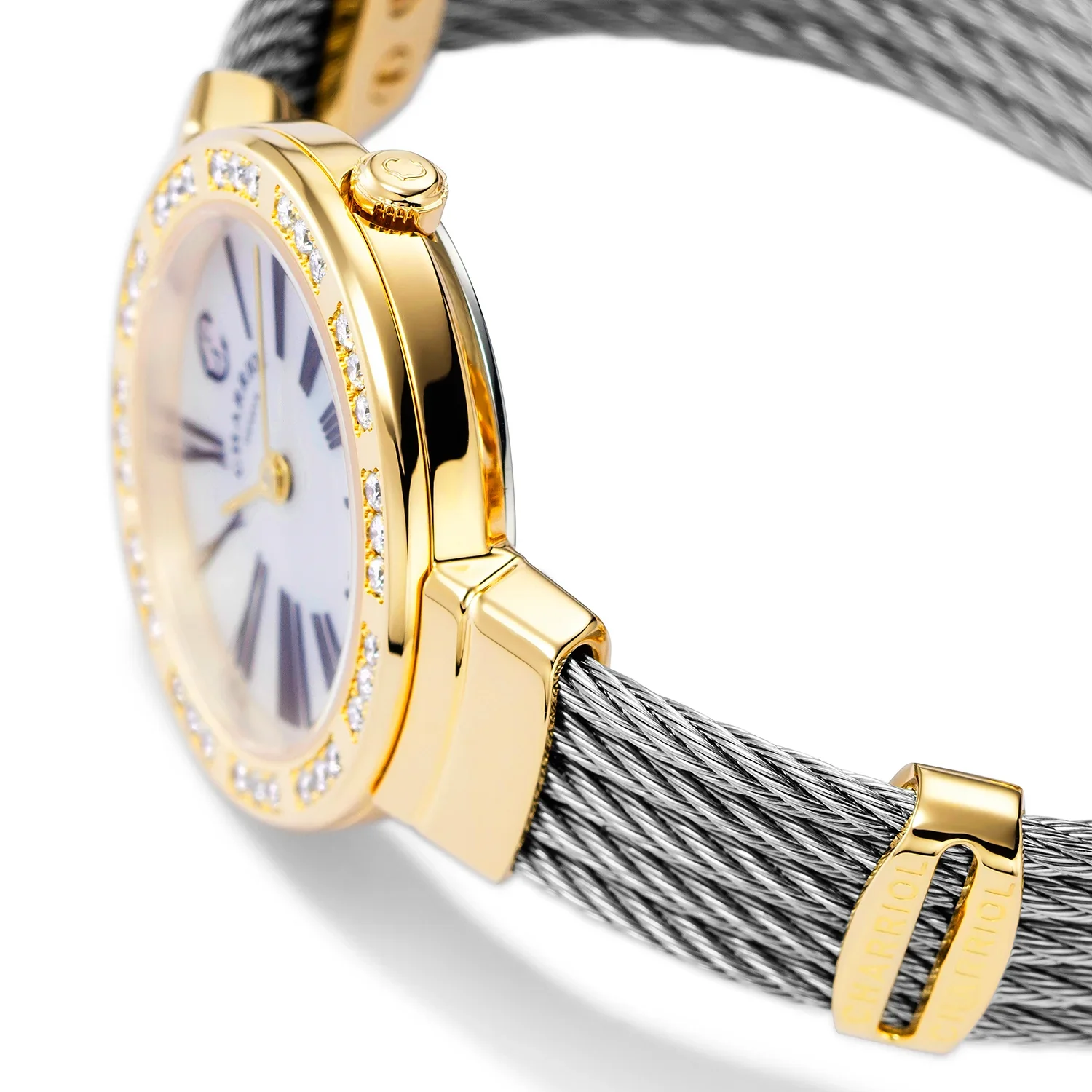 ST TROPEZ®, 25MM, QUARTZ CALIBRE, MOTHER-OF-PEARL DIAL, YELLOW GOLD PVD WITH 36 DIAMONDS BEZEL, STEEL CABLE BRACELET & YELLOW GOLD PVD DECORS - Image 3