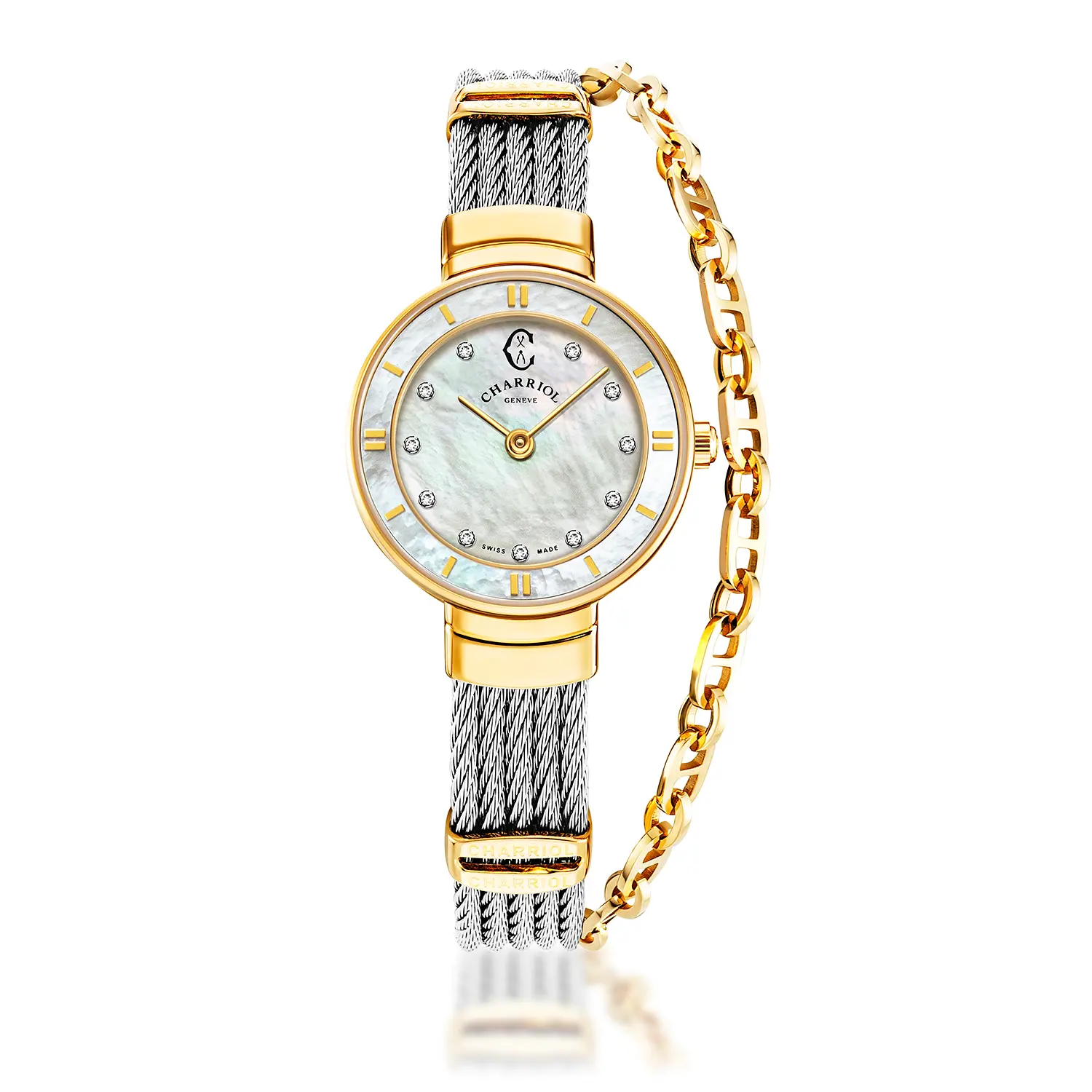 ST TROPEZ®, 25MM, QUARTZ CALIBRE, MOTHER-OF-PEARL WITH 11 DIAMONDS DIAL, YELLOW GOLD PVD BEZEL, STEEL CABLE BRACELET & YELLOW GOLD PVD DECORS
