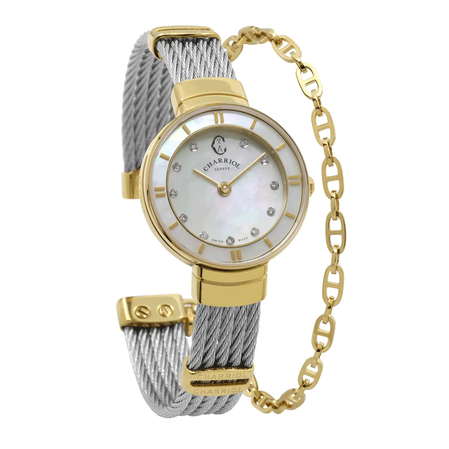 ST TROPEZ®, 25MM, QUARTZ CALIBRE, MOTHER-OF-PEARL WITH 11 DIAMONDS DIAL, YELLOW GOLD PVD BEZEL, STEEL CABLE BRACELET & YELLOW GOLD PVD DECORS - Image 2