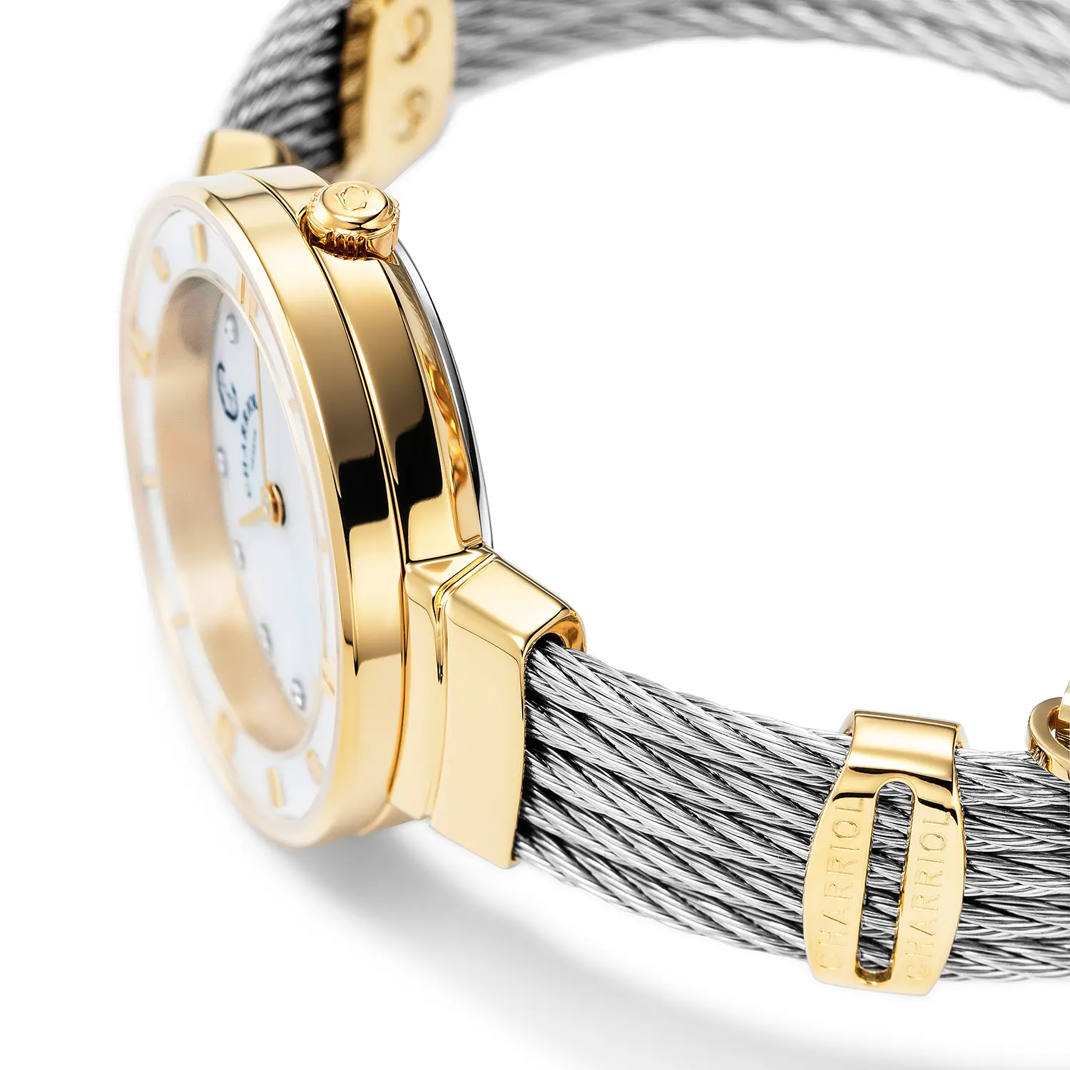ST TROPEZ®, 25MM, QUARTZ CALIBRE, MOTHER-OF-PEARL WITH 11 DIAMONDS DIAL, YELLOW GOLD PVD BEZEL, STEEL CABLE BRACELET & YELLOW GOLD PVD DECORS - Image 4