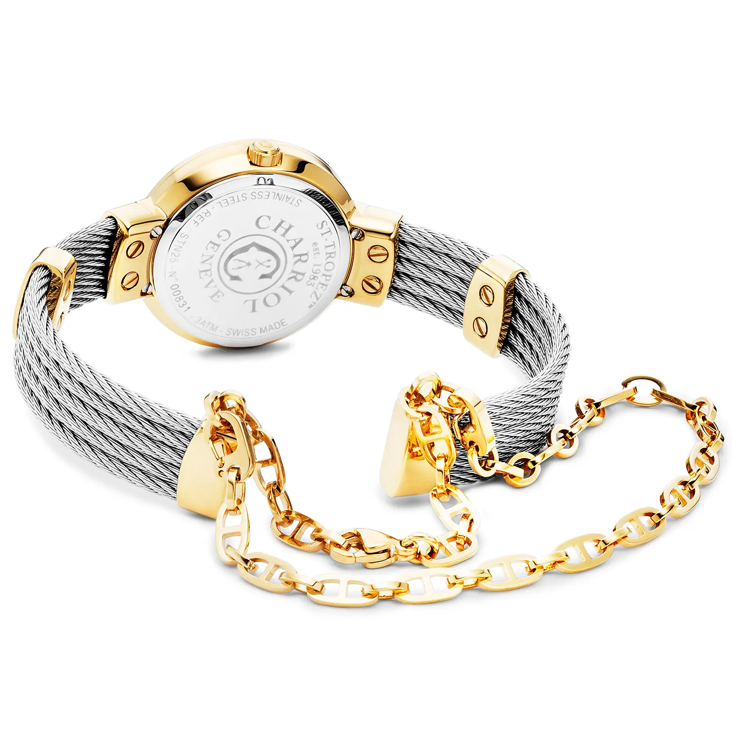 ST TROPEZ®, 25MM, QUARTZ CALIBRE, MOTHER-OF-PEARL WITH 11 DIAMONDS DIAL, YELLOW GOLD PVD BEZEL, STEEL CABLE BRACELET & YELLOW GOLD PVD DECORS - Image 5