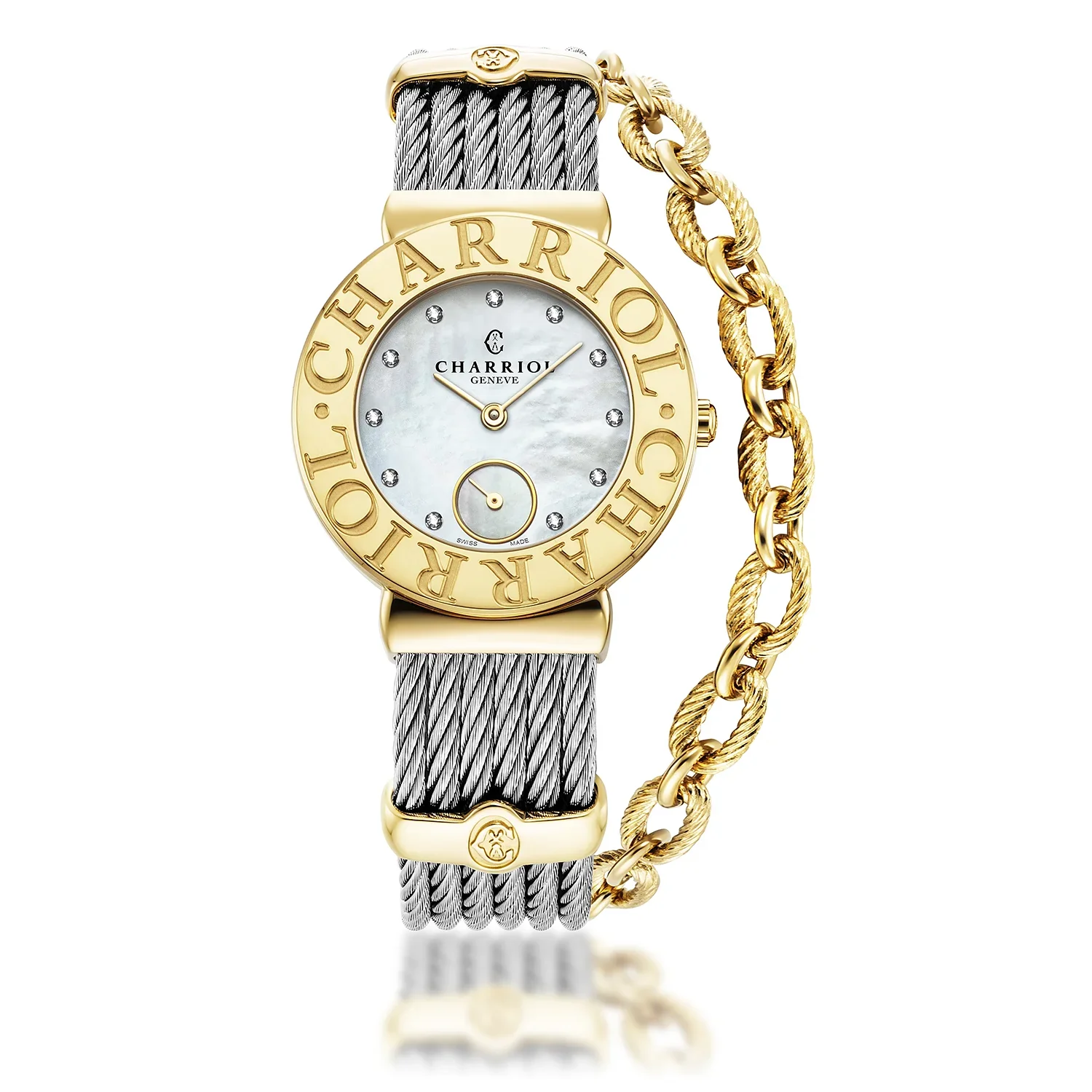 ST TROPEZ ICON, 30MM, QUARTZ CALIBRE, MOTHER-OF-PEARL WITH 11 DIAMONDS DIAL, STEEL YELLOW GOLD PVD "CHARRIOL CHARRIOL" BEZEL, STEEL CABLE BRACELET & YELLOW GOLD PVD DECORS