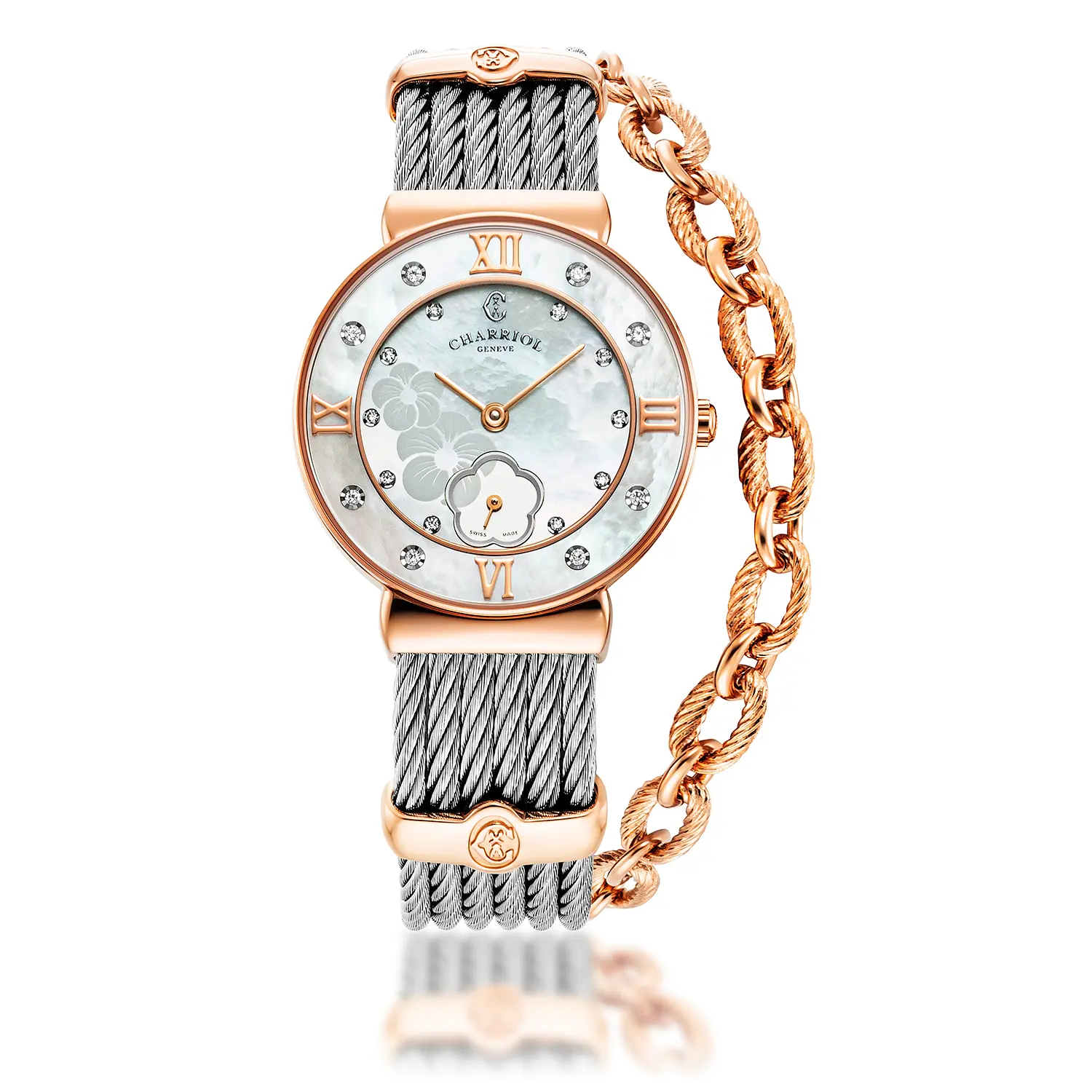 ST TROPEZ® ICON, 30MM, QUARTZ CALIBRE, MOTHER-OF-PEARL HIBISCUS DIAL, MOTHER-OF-PEARL WITH 8 DIAMONDS BEZEL, STEEL CABLE BRACELET & ROSE GOLD PVD DECORS