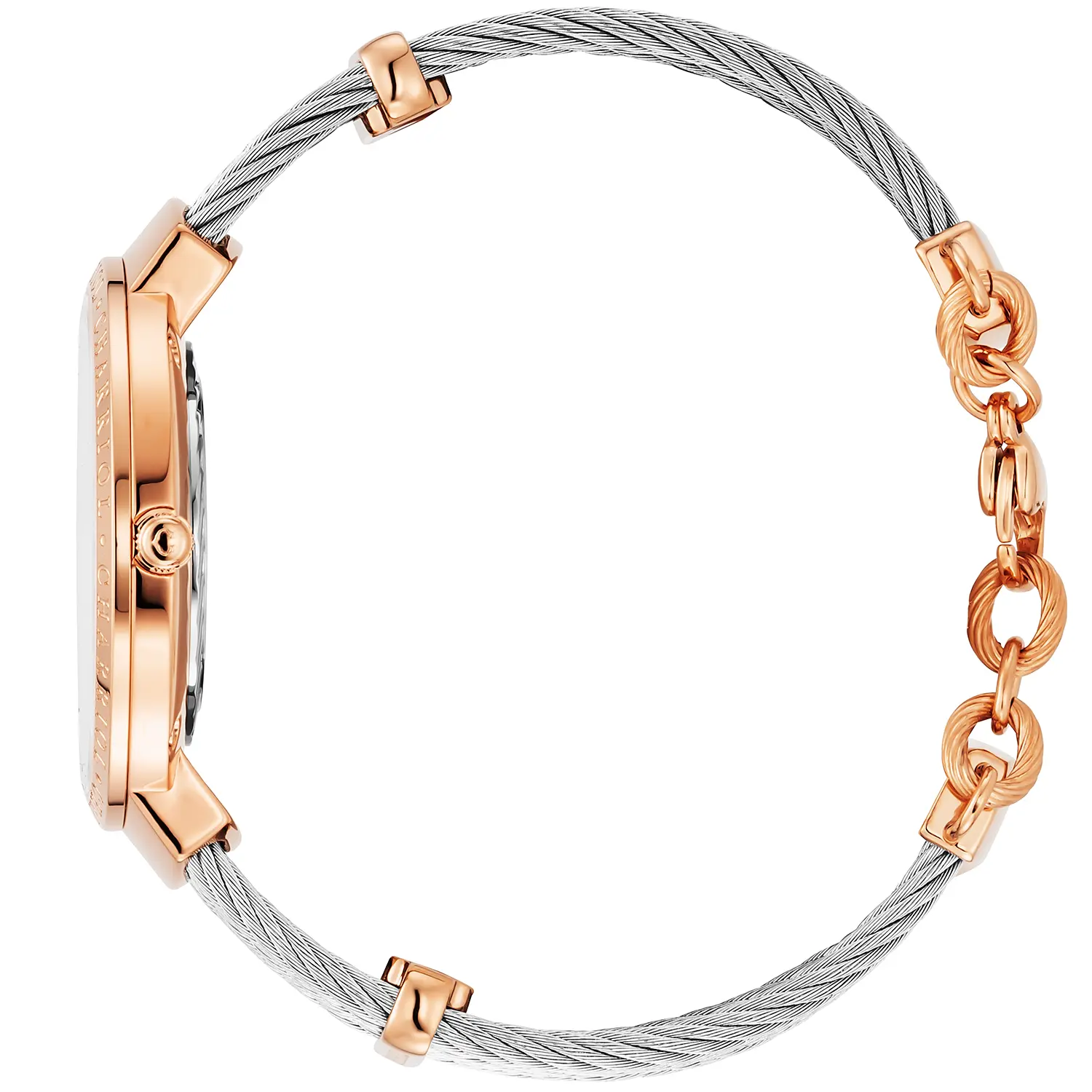 SLIM, 34MM, QUARTZ CALIBRE, WHITE MOTHER-OF-PEARL DIAL, STEEL ROSE GOLD PVD "CHARRIOL CHARRIOL" BEZEL, STEEL CABLE BRACELET - Image 3