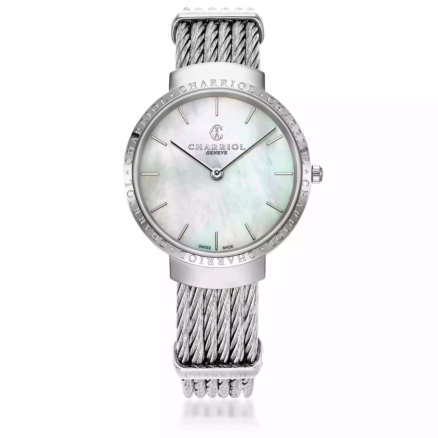 SLIM, 34MM, QUARTZ CALIBRE, MOTHER-OF-PEARL DIAL, "CHARRIOL CHARRIOL" BEZEL, STEEL CABLE BRACELET