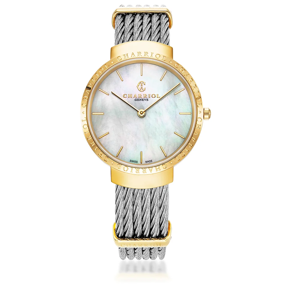 SLIM, 34MM, QUARTZ CALIBRE, WHITE MOTHER-OF-PEARL DIAL, STEEL YELLOW GOLD PVD "CHARRIOL CHARRIOL" BEZEL, STEEL CABLE BRACELET