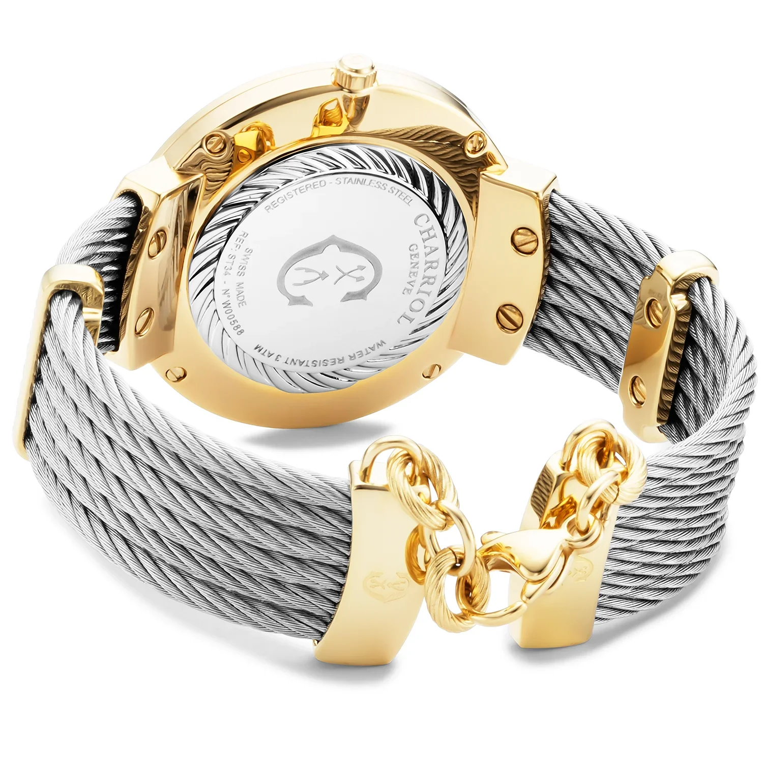 SLIM, 34MM, QUARTZ CALIBRE, WHITE MOTHER-OF-PEARL DIAL, STEEL YELLOW GOLD PVD "CHARRIOL CHARRIOL" BEZEL, STEEL CABLE BRACELET - Image 2