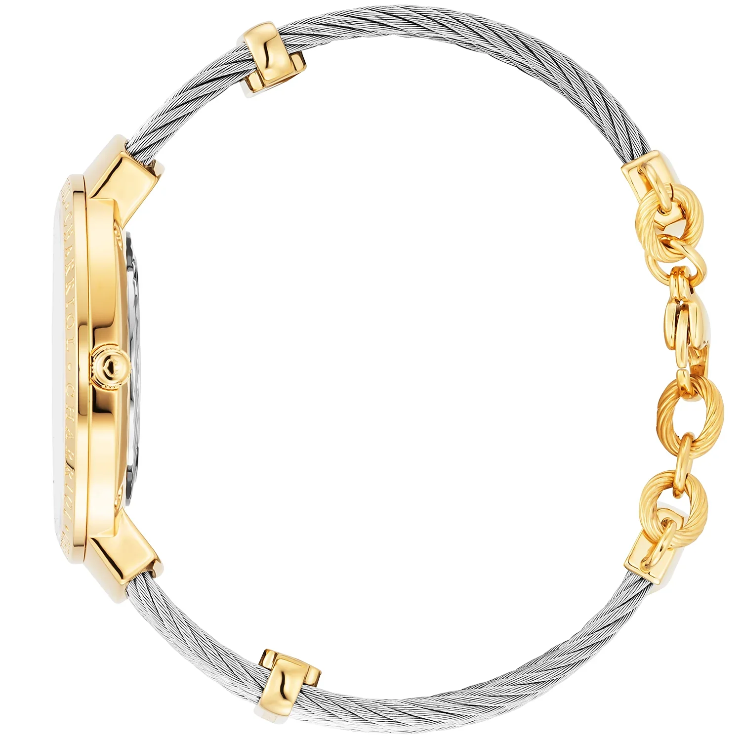 SLIM, 34MM, QUARTZ CALIBRE, WHITE MOTHER-OF-PEARL DIAL, STEEL YELLOW GOLD PVD "CHARRIOL CHARRIOL" BEZEL, STEEL CABLE BRACELET - Image 3