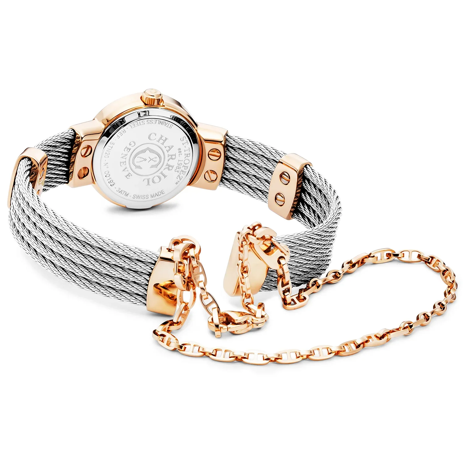 ST TROPEZ®, 20MM, QUARTZ CALIBRE, MOTHER-OF-PEARL WITH 11 DIAMONDS DIAL, STEEL ROSE GOLD PVD BEZEL, STEEL CABLE BRACELET - Image 2