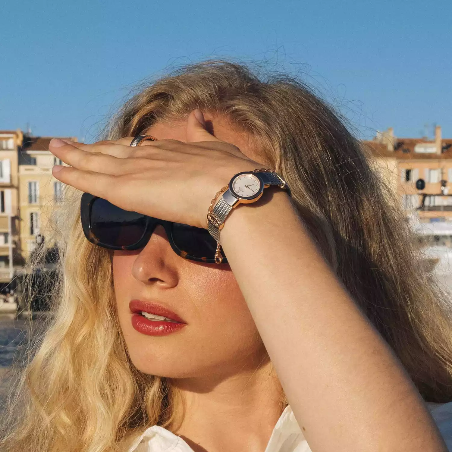 ST TROPEZ®, 20MM, QUARTZ CALIBRE, MOTHER-OF-PEARL WITH 11 DIAMONDS DIAL, STEEL ROSE GOLD PVD BEZEL, STEEL CABLE BRACELET - Image 4