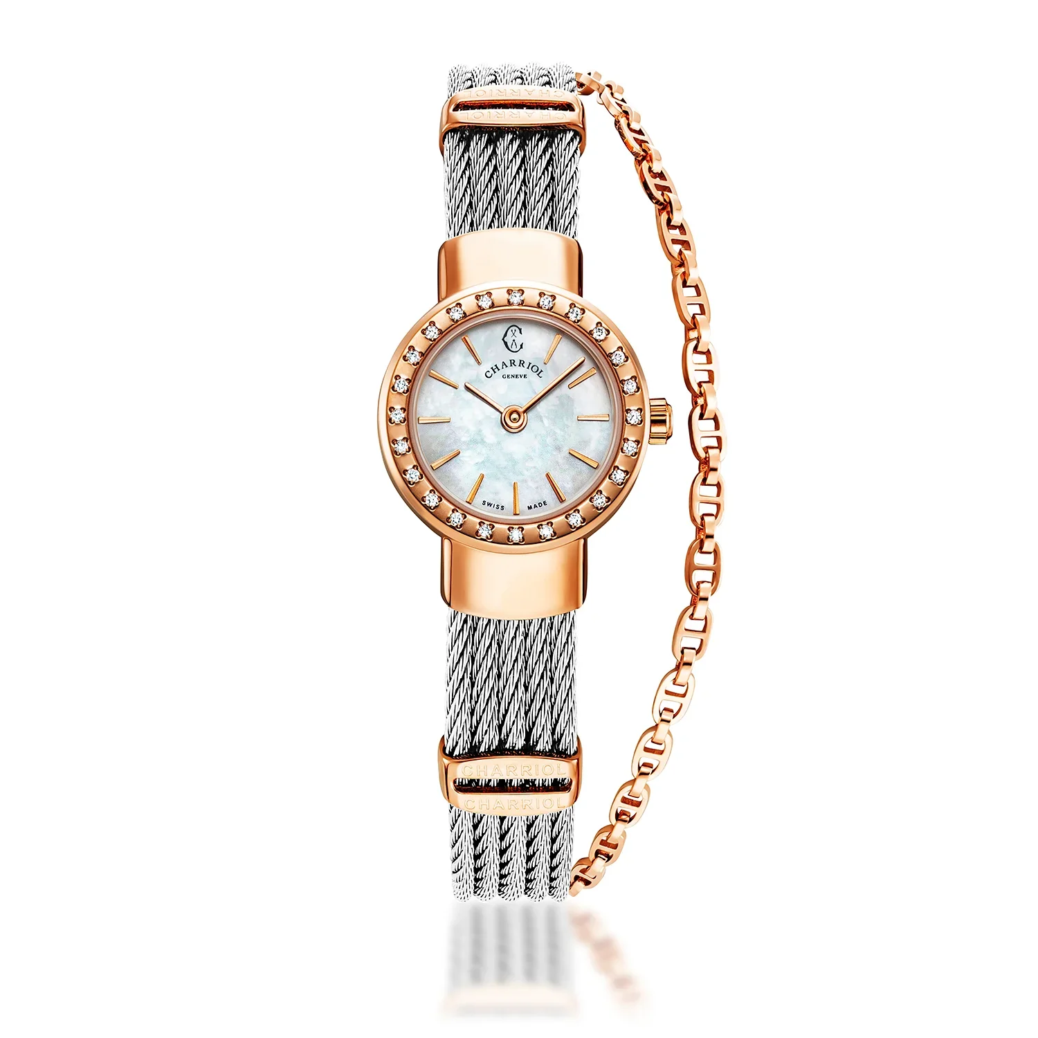 ST TROPEZ®, 20MM, QUARTZ CALIBRE, MOTHER-OF-PEARL DIAL, STEEL ROSE GOLD PVD WITH 24 DIAMONDS BEZEL, STEEL CABLE BRACELET