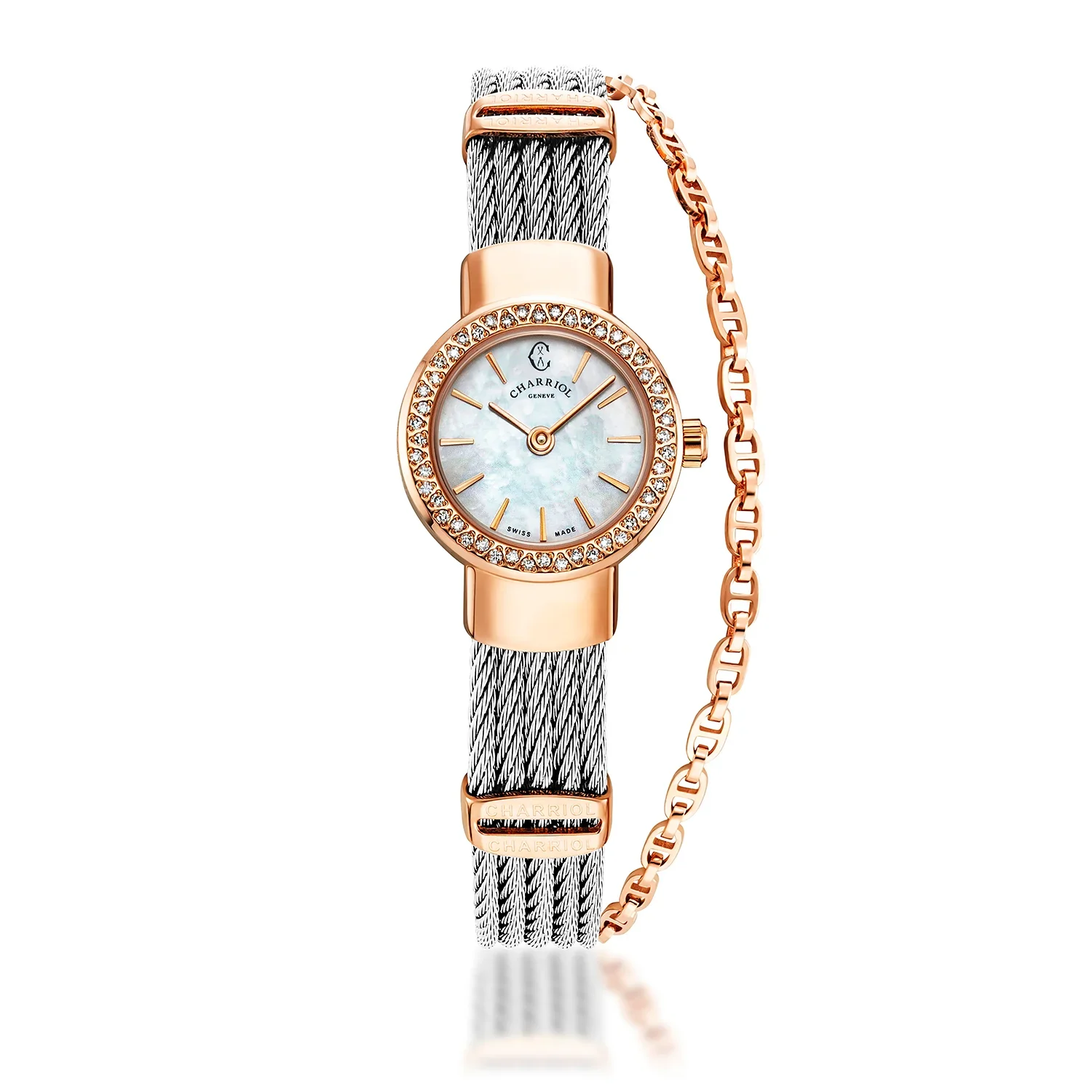 ST TROPEZ®, 20MM, QUARTZ CALIBRE, WHITE MOTHER-OF-PEARL DIAL, ROSE GOLD PVD WITH 48 DIAMONDS BEZEL, STEEL CABLE BRACELET