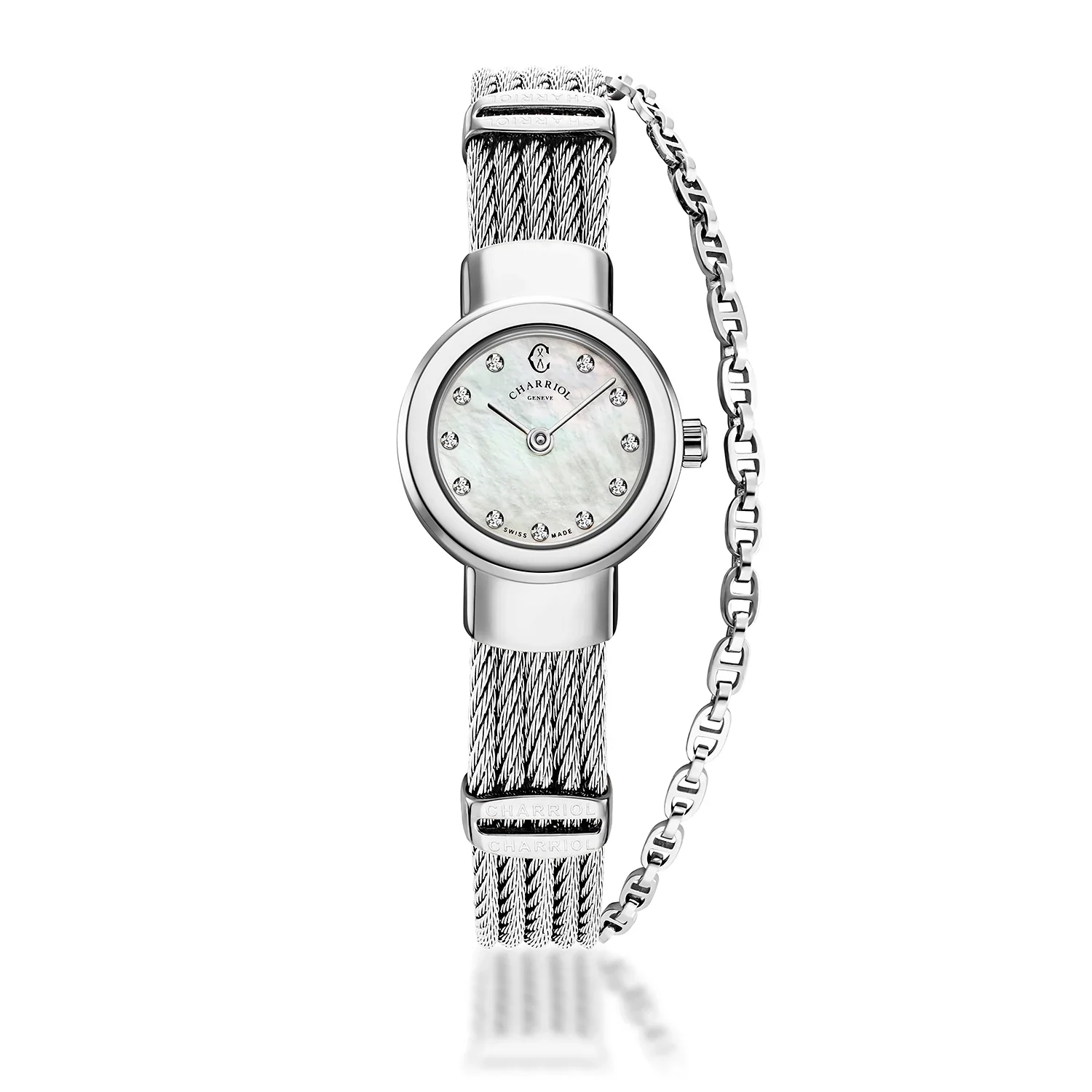 ST TROPEZ®, 20MM, QUARTZ CALIBRE, MOTHER-OF-PEARL WITH 11 DIAMONDS DIAL, STEEL BEZEL, STEEL CABLE BRACELET