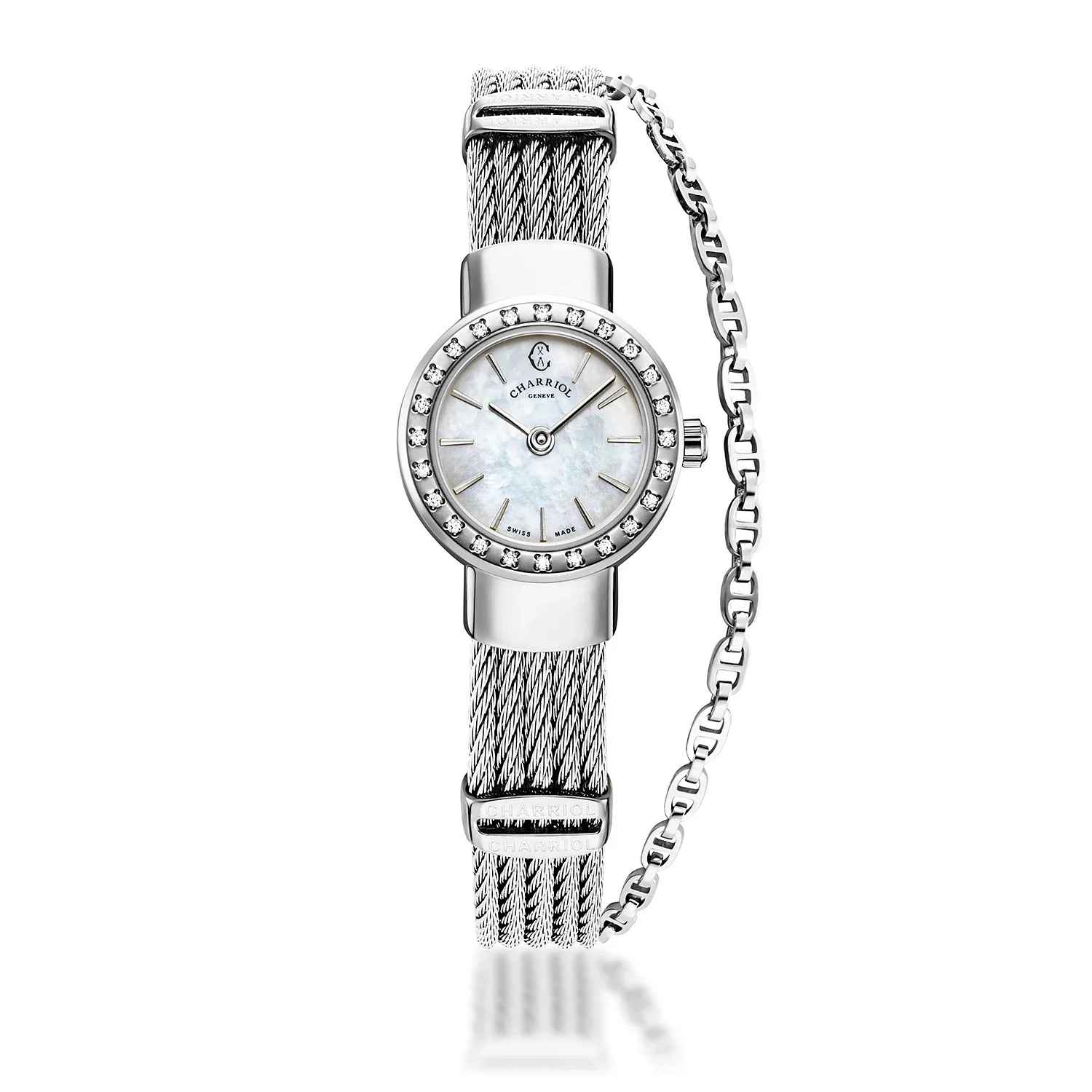 ST TROPEZ®, 20MM, QUARTZ CALIBRE, MOTHER-OF-PEARL DIAL, STEEL WITH 24 DIAMONDS BEZEL, STEEL CABLE BRACELET
