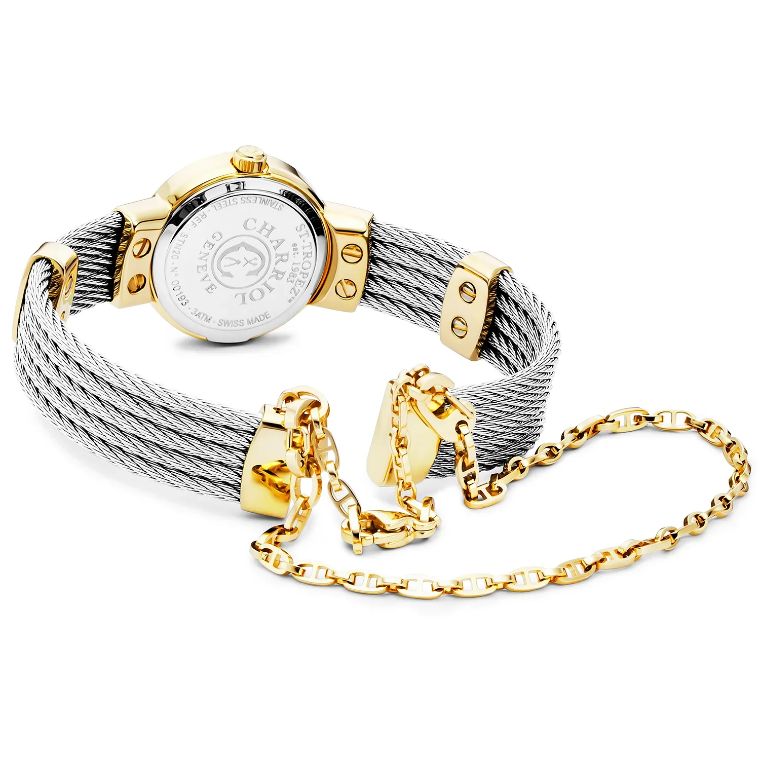 ST TROPEZ®, 20MM, QUARTZ CALIBRE, WHITE MOTHER-OF-PEARL WITH 11 DIAMONDS DIAL, STEEL YELLOW GOLD PVD BEZEL, STEEL CABLE BRACELET - Image 2