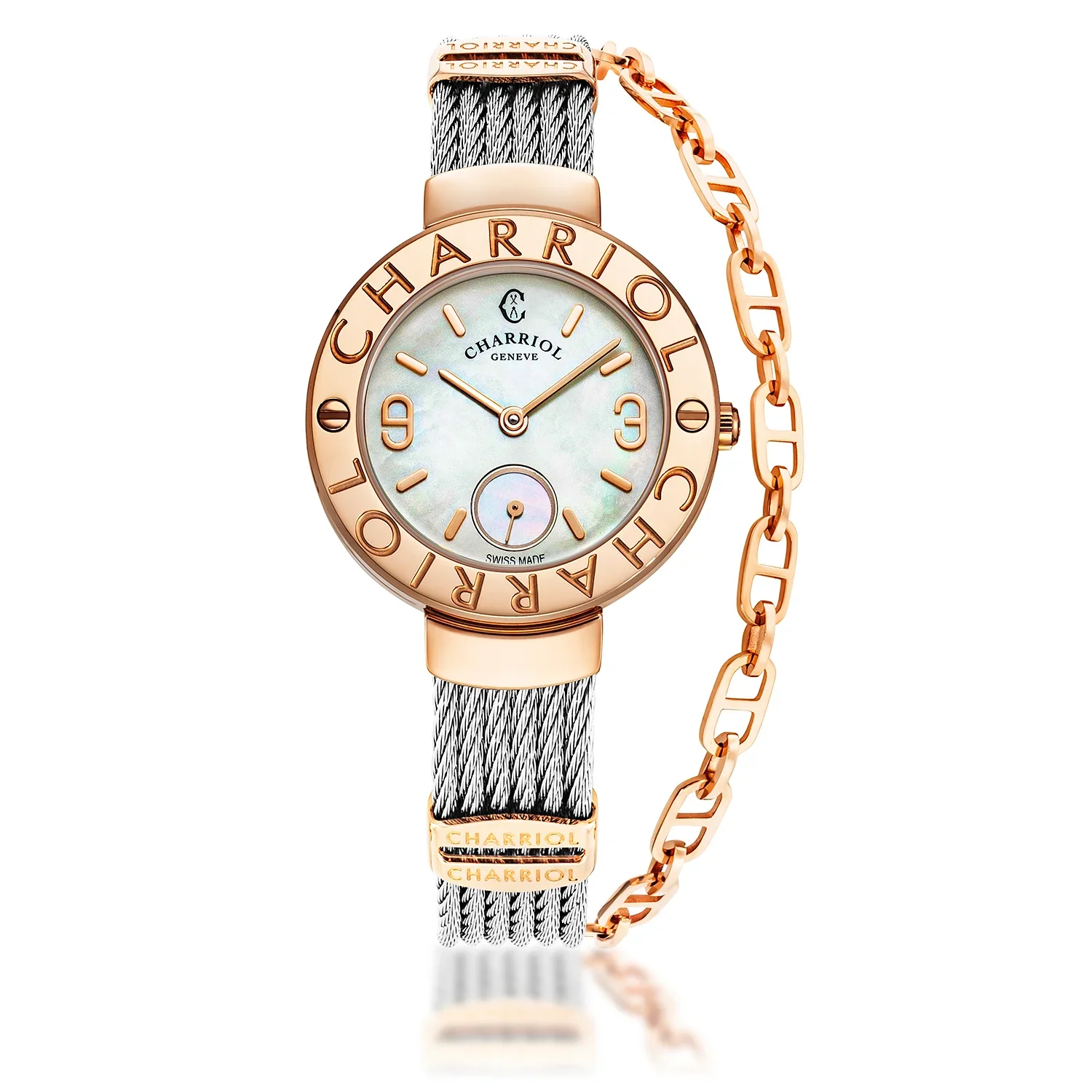 ST TROPEZ®, 30MM, QUARTZ CALIBRE, MOTHER-OF-PEARL DIAL, "CHARRIOL CHARRIOL" BEZEL WITH 2 SCREWS, STEEL CABLE BRACELET & ROSE GOLD PVD DECORS