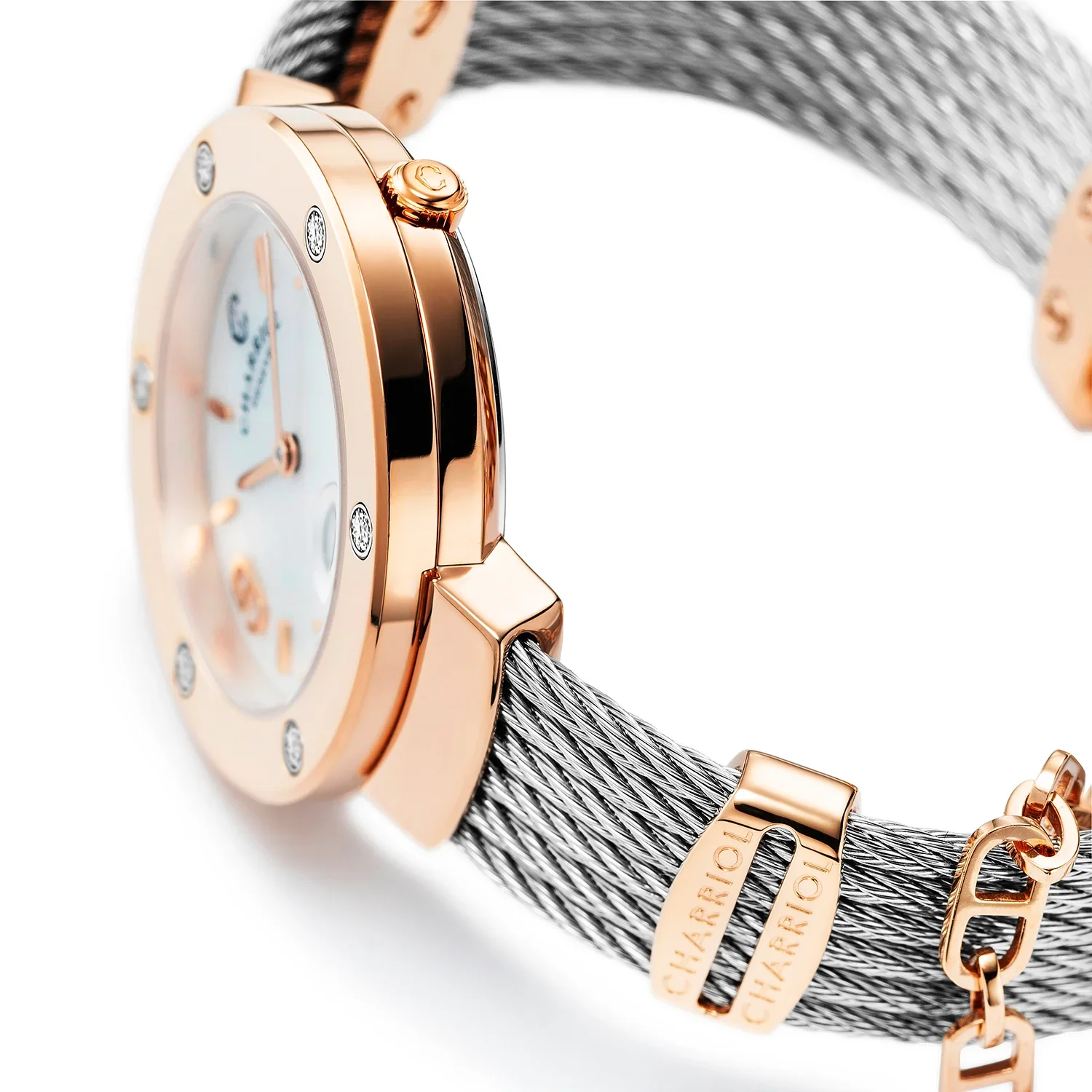 ST-TROPEZ®, 30MM, QUARTZ CALIBRE, MOTHER-OF-PEARL DIAL, STEEL ROSE GOLD PVD WITH 6 DIAMONDS BEZEL, STEEL CABLE BRACELET & ROSE GOLD PVD DECORS - Image 2