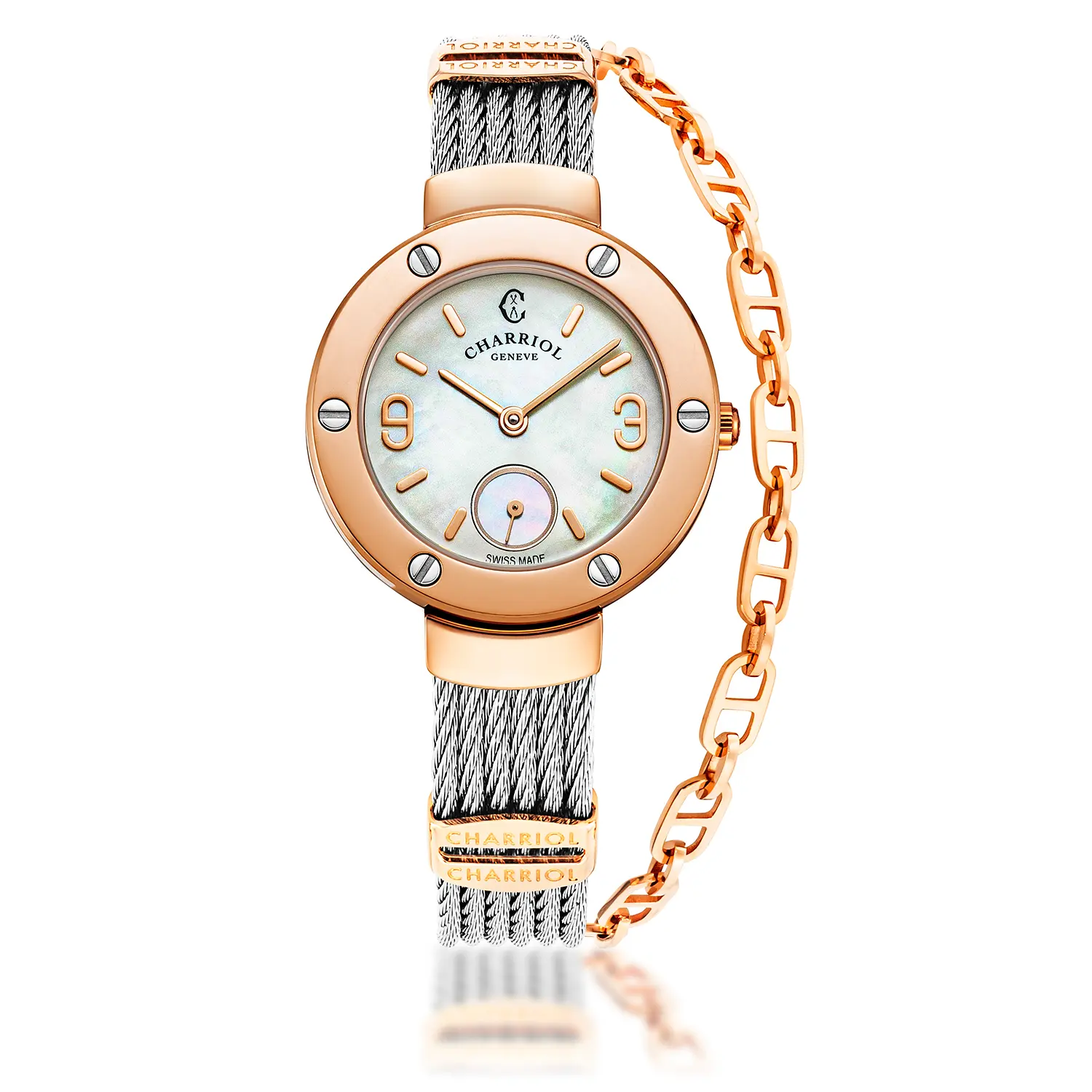 ST TROPEZ®, 30MM, QUARTZ CALIBRE, MOTHER-OF-PEARL DIAL, ROSE GOLD PVD WITH 6 SCREWS BEZEL, STEEL CABLE BRACELET & ROSE GOLD PVD DECORS