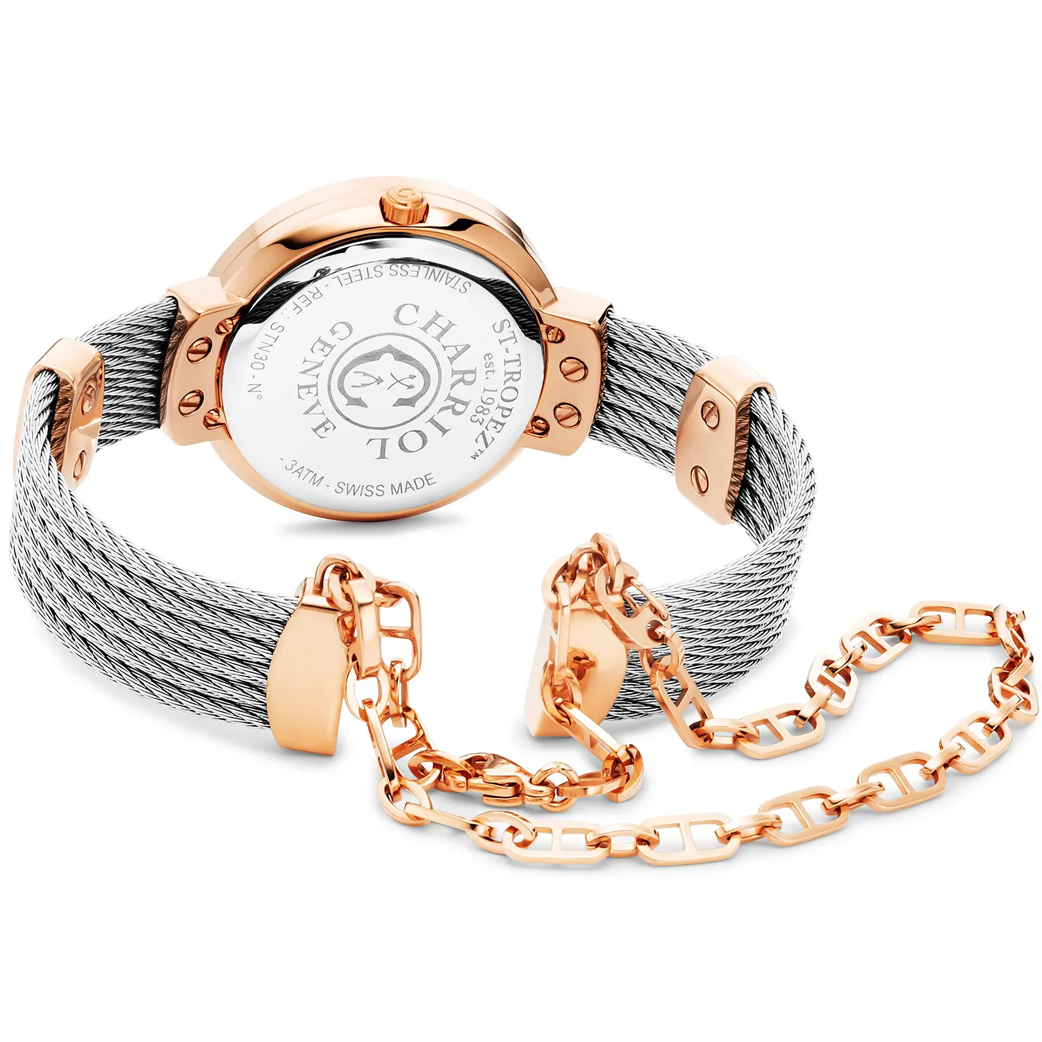 ST TROPEZ®, 30MM, QUARTZ CALIBRE, MOTHER-OF-PEARL DIAL, ROSE GOLD PVD WITH 6 SCREWS BEZEL, STEEL CABLE BRACELET & ROSE GOLD PVD DECORS - Image 2