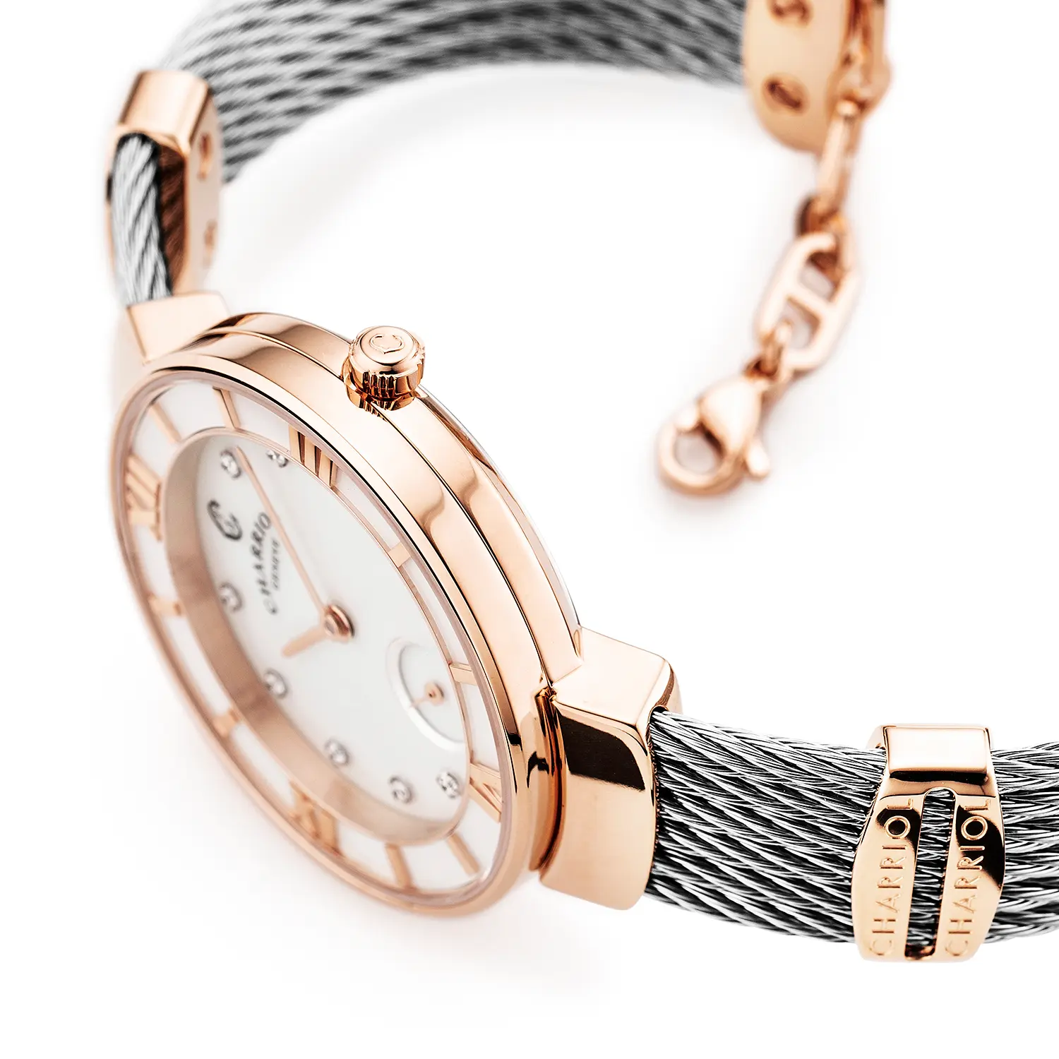ST TROPEZ®, 30MM, QUARTZ CALIBRE, MOTHER-OF-PEARL WITH 10 DIAMONDS DIAL, MOTHER-OF-PEARL BEZEL, STEEL CABLE BRACELET & ROSE GOLD PVD DECORS - Image 3