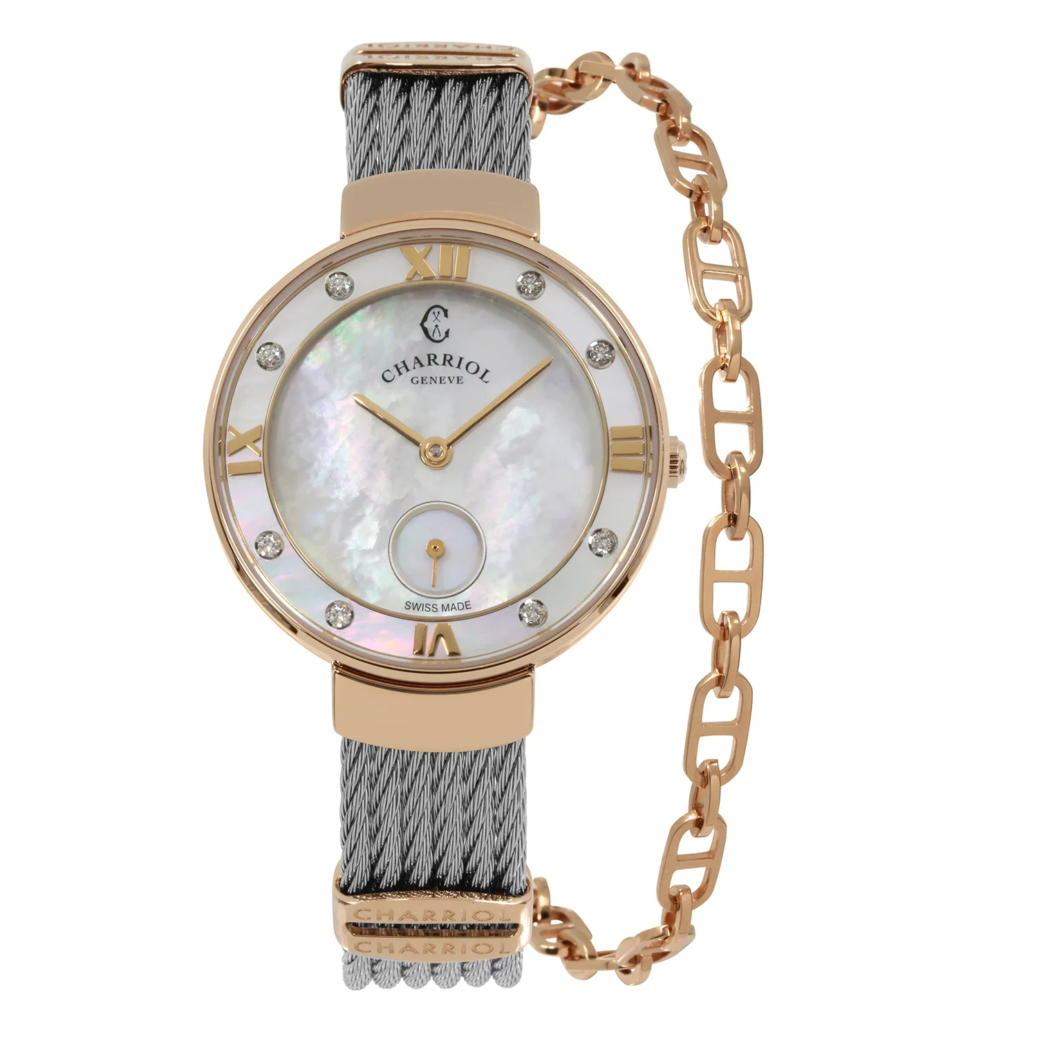 ST TROPEZ®, 30MM, QUARTZ CALIBRE, WHITE MOTHER-OF-PEARL DIAL, WHITE MOTHER-OF-PEARL WITH 8 DIAMONDS BEZEL, STEEL CABLE BRACELET & ROSE GOLD PVD DECORS