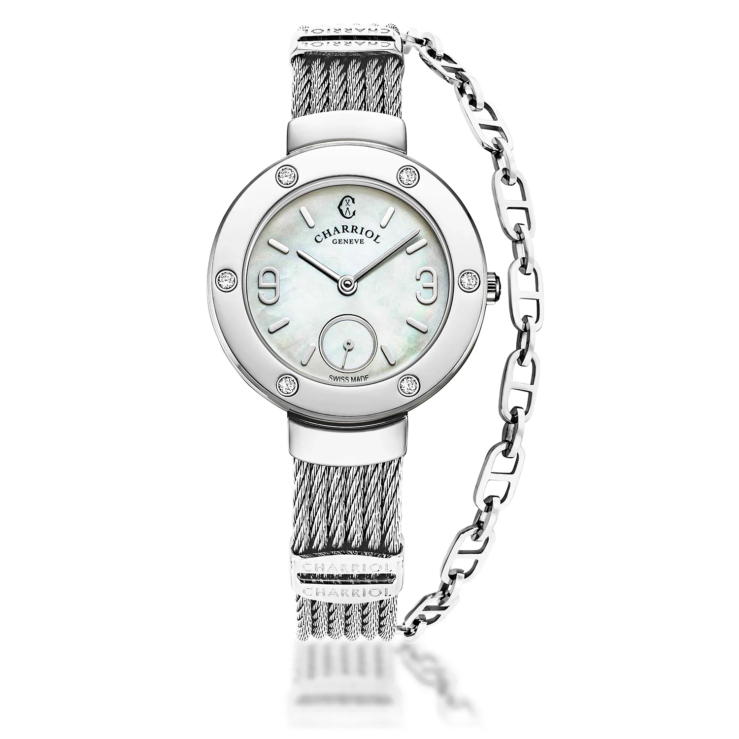 ST TROPEZ®, 30MM, QUARTZ CALIBRE, MOTHER-OF-PEARL DIAL, STEEL WITH 6 DIAMONDS BEZEL, STEEL CABLE BRACELET 
& STEEL DECORS