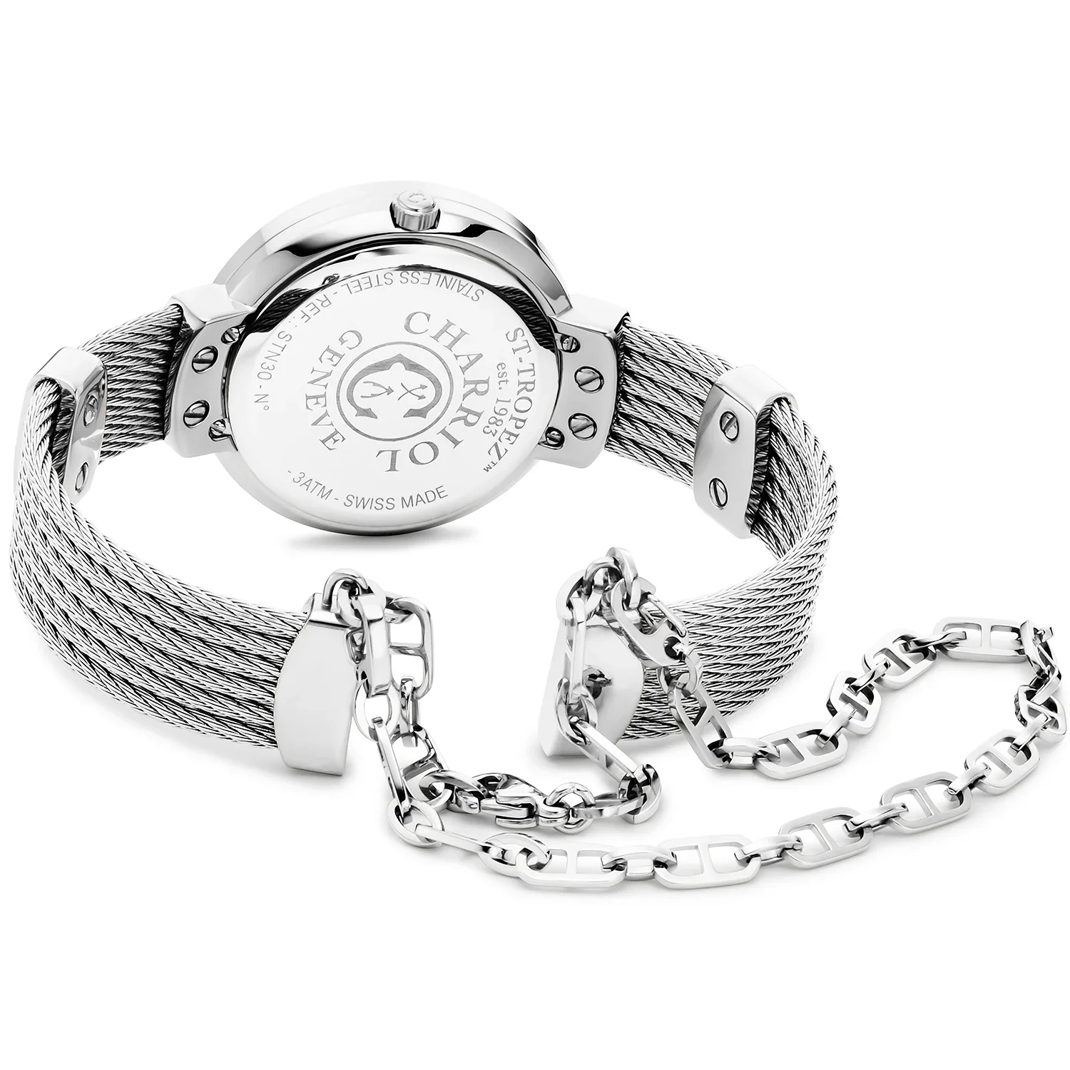 ST TROPEZ®, 30MM, QUARTZ CALIBRE, MOTHER-OF-PEARL DIAL, STEEL WITH 6 DIAMONDS BEZEL, STEEL CABLE BRACELET 
& STEEL DECORS - Image 2