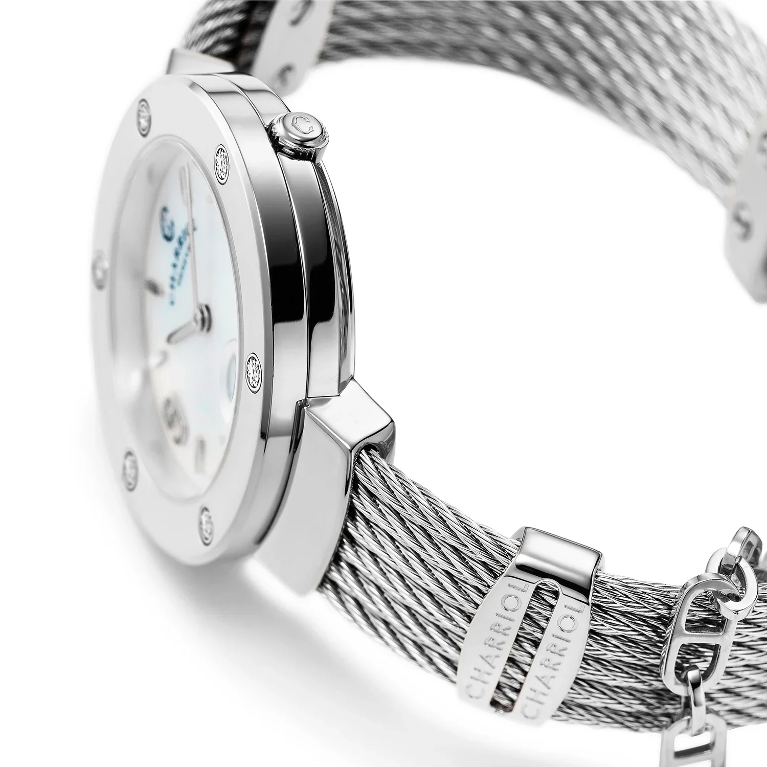 ST TROPEZ®, 30MM, QUARTZ CALIBRE, MOTHER-OF-PEARL DIAL, STEEL WITH 6 DIAMONDS BEZEL, STEEL CABLE BRACELET 
& STEEL DECORS - Image 3