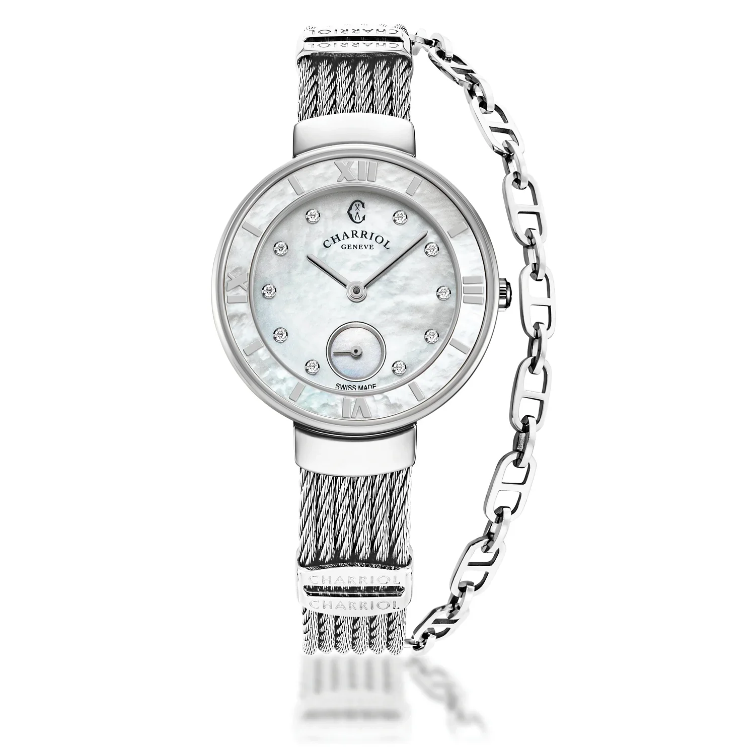 ST TROPEZ®, 30MM, QUARTZ CALIBRE, MOTHER-OF-PEARL WITH 10 DIAMONDS, MOTHER-OF-PEARL BEZEL, STEEL CABLE BRACELET & STEEL DECORS