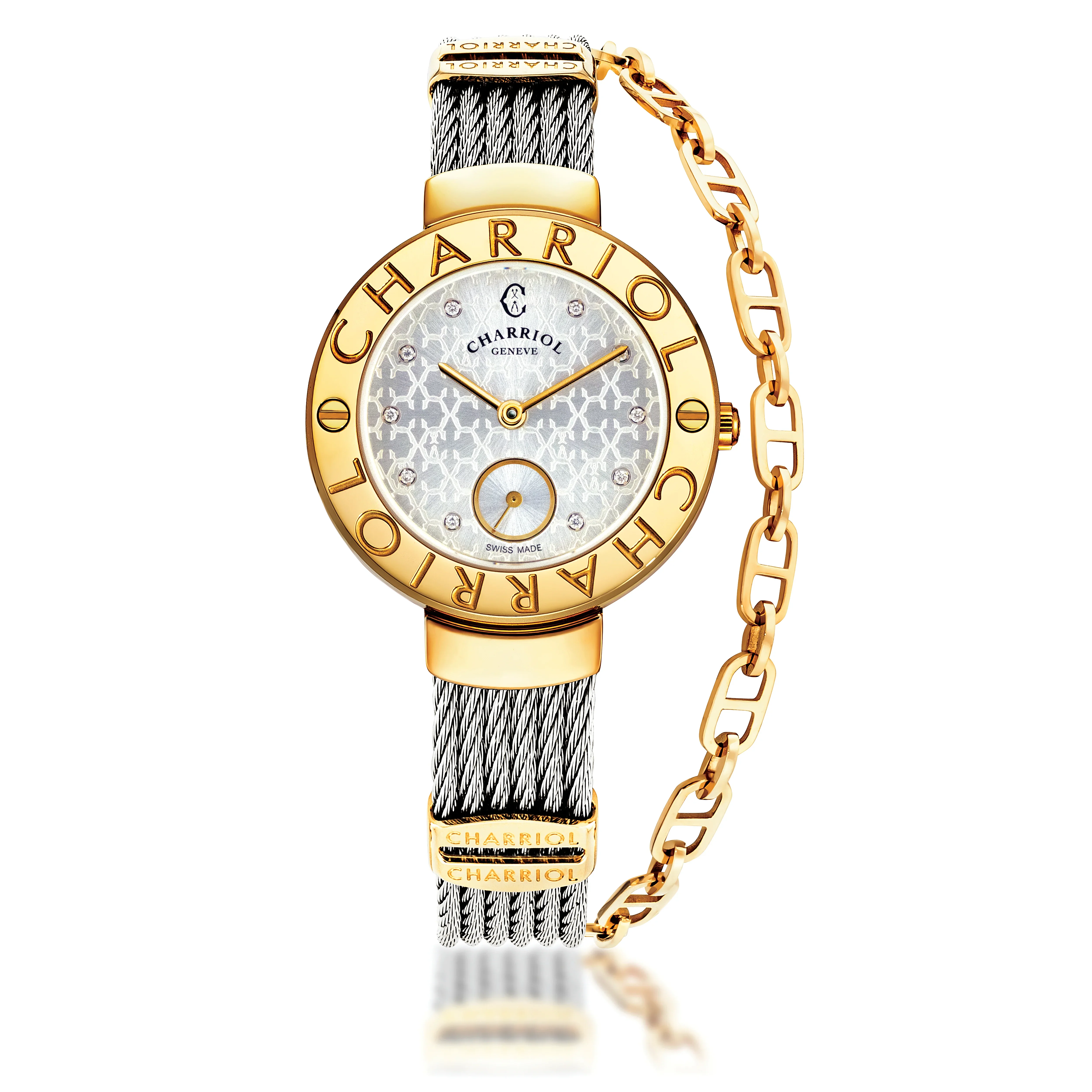 ST-TROPEZ® MONOGRAM, 30MM, STEEL YELLOW GOLD PVD BEZEL, WHITE MONOGRAM WITH 10 DIAMONDS DIAL, STEEL CABLE WITH YELLOW GOLD PVD DECORS BRACELET