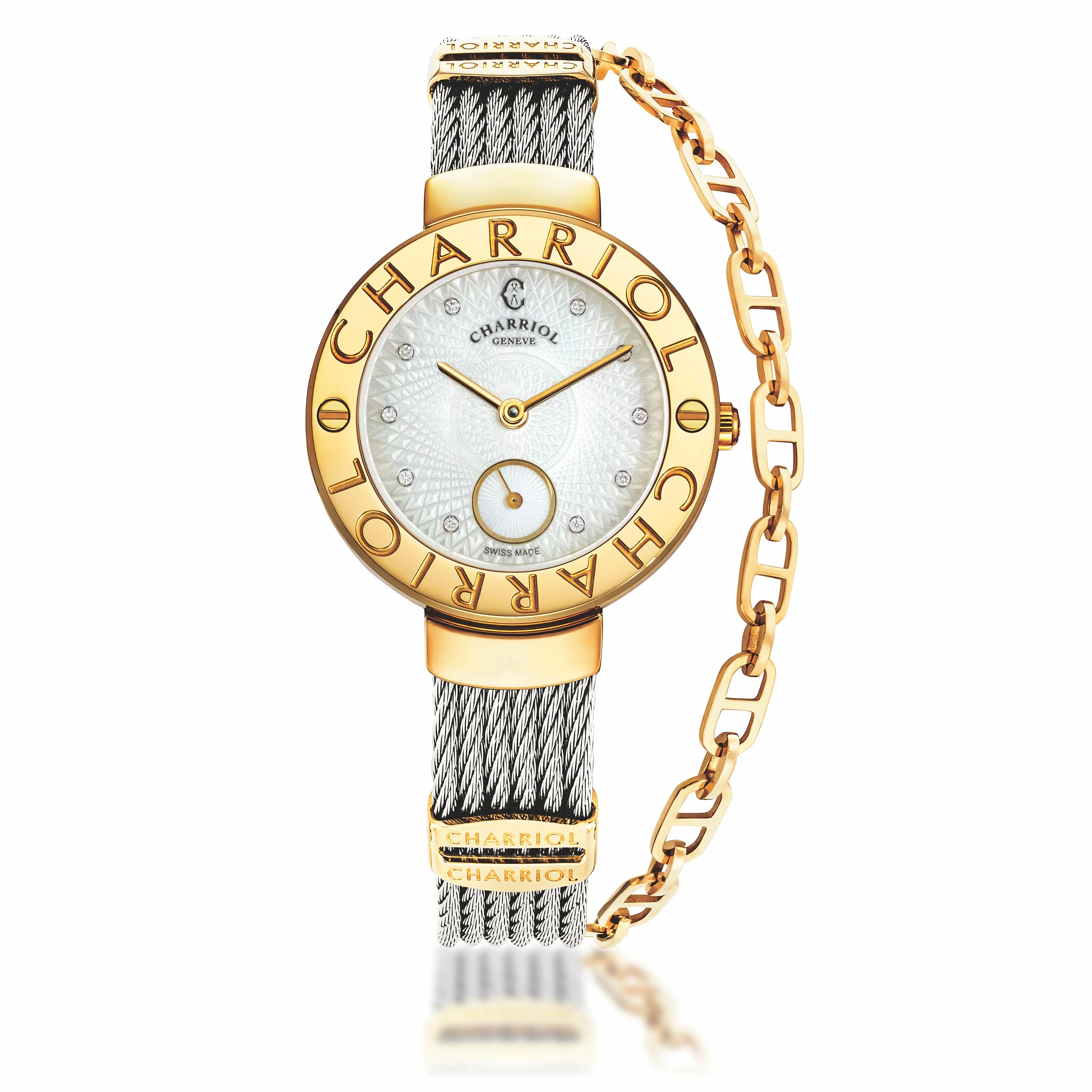 ST-TROPEZ® GUILLOCHE, 30MM, STEEL YELLOW GOLD PVD BEZEL, WHITE GUILLOCHE MOTHER-OF-PEARL WITH 10 DIAMONDS DIAL, STEEL CABLE WITH YELLOW GOLD PVD DECORS BRACELET