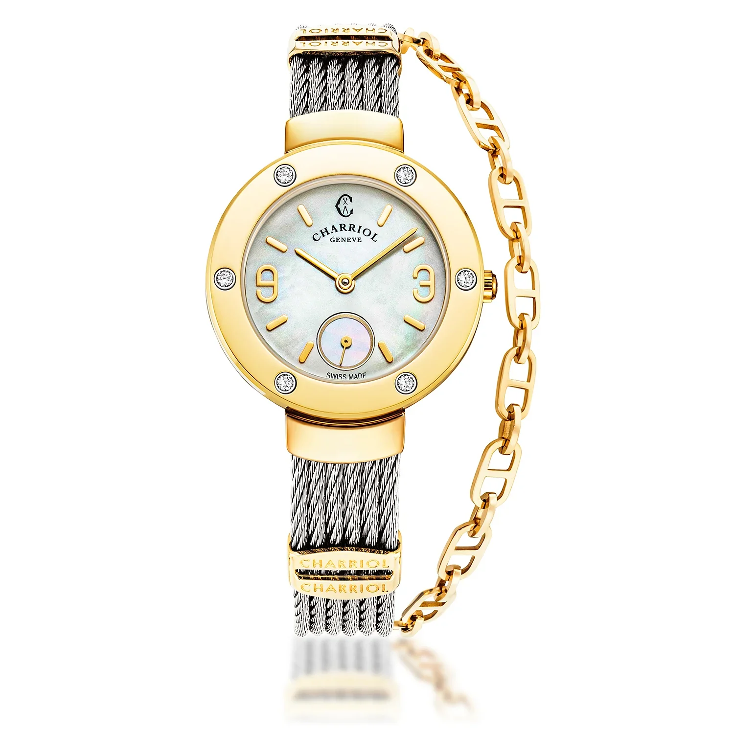 ST TROPEZ®, 30MM, QUARTZ CALIBRE, MOTHER-OF-PEARL DIAL, YELLOW GOLD PVD WITH 6 DIAMONDS BEZEL, STEEL CABLE BRACELET & YELLOW GOLD PVD DECORS