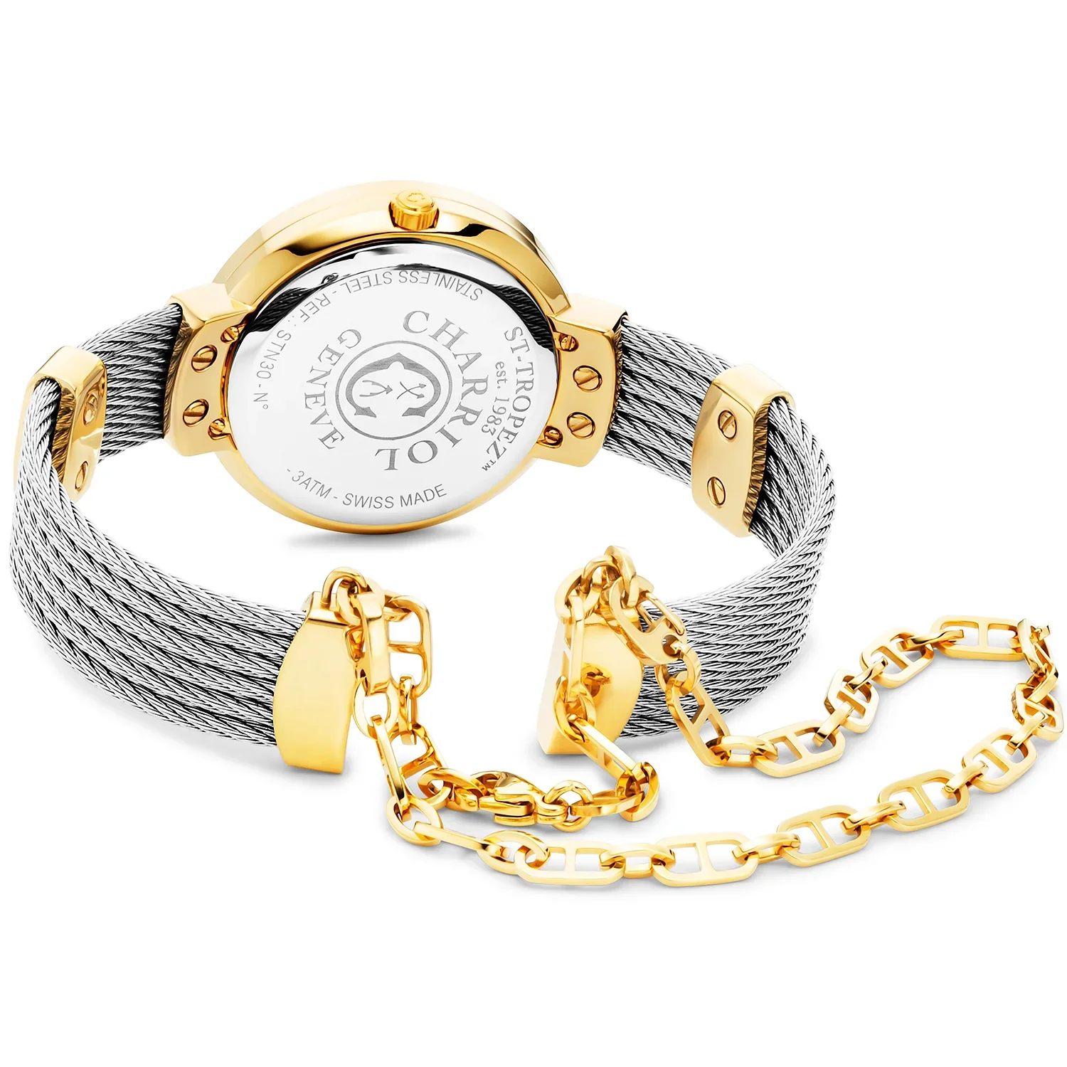 ST TROPEZ®, 30MM, QUARTZ CALIBRE, MOTHER-OF-PEARL DIAL, YELLOW GOLD PVD WITH 6 SCREWS BEZEL, STEEL CABLE BRACELET & YELLOW GOLD PVD DECORS - Image 3