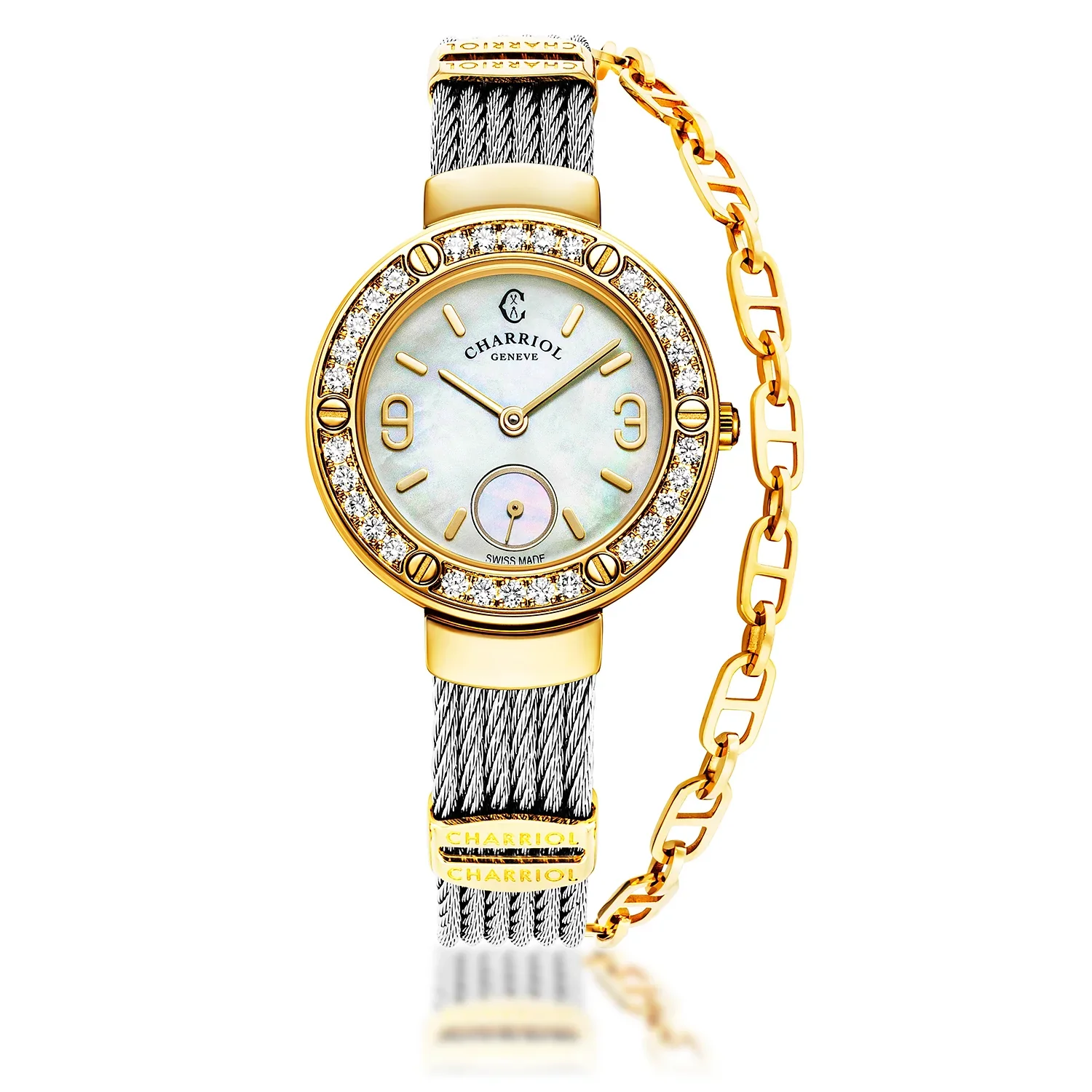 ST TROPEZ®, 30MM, QUARTZ CALIBRE, MOTHER-OF-PEARL DIAL, YELLOW GOLD PVD WITH 30 DIAMONDS BEZEL, STEEL CABLE BRACELET & YELLOW GOLD PVD DECORS