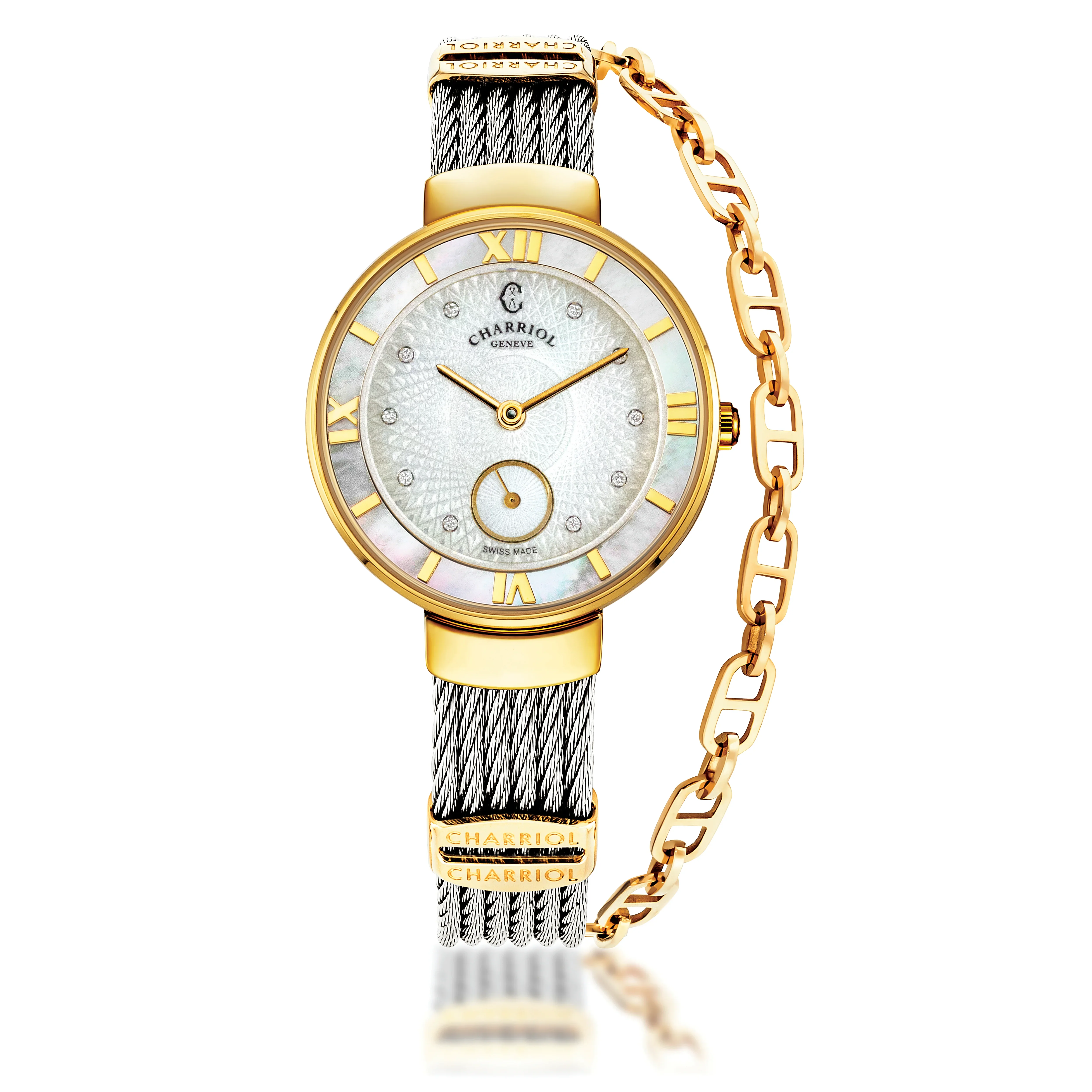 ST-TROPEZ® GUILLOCHE, 30MM, WHITE MOTHER-OF-PEARL WITH ROMAN NUMERAL BEZEL, WHITE GUILLOCHE MOTHER-OF-PEARL WITH 10 DIAMONDS DIAL, STEEL CABLE WITH YELLOW GOLD PVD DECORS BRACELET