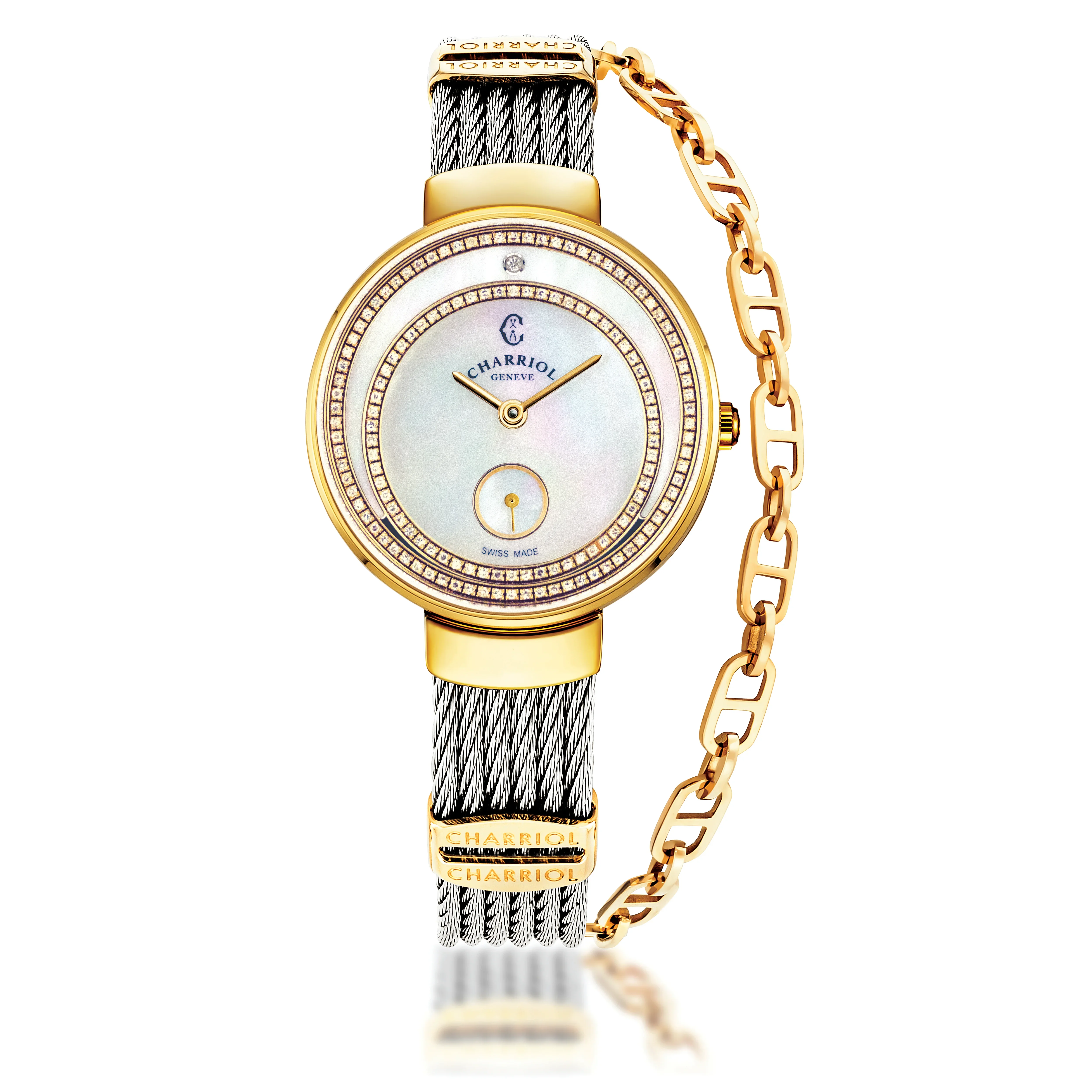 ST-TROPEZ® ECLIPSE, 30MM, STEEL YELLOW GOLD PVD BEZEL, WHITE MOTHER-OF-PEARL WITH 140 DIAMONDS DIAL, STEEL CABLE WITH YELLOW GOLD PVD DECORS BRACELET