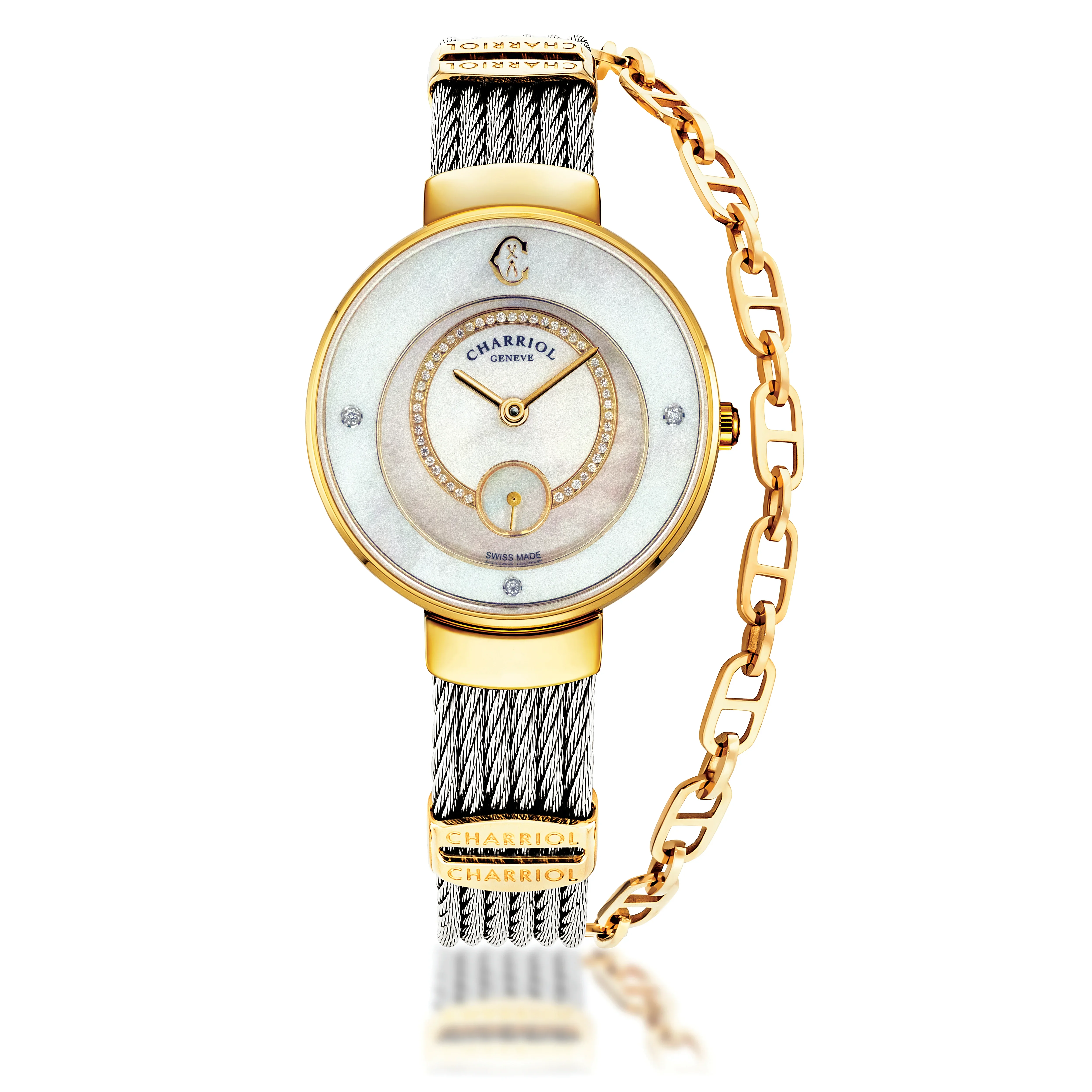 ST-TROPEZ® ECLIPSE, 30MM, STEEL YELLOW GOLD PVD BEZEL, WHITE MOTHER-OF-PEARL WITH 47 DIAMONDS DIAL, STEEL CABLE WITH YELLOW GOLD PVD DECORS BRACELET