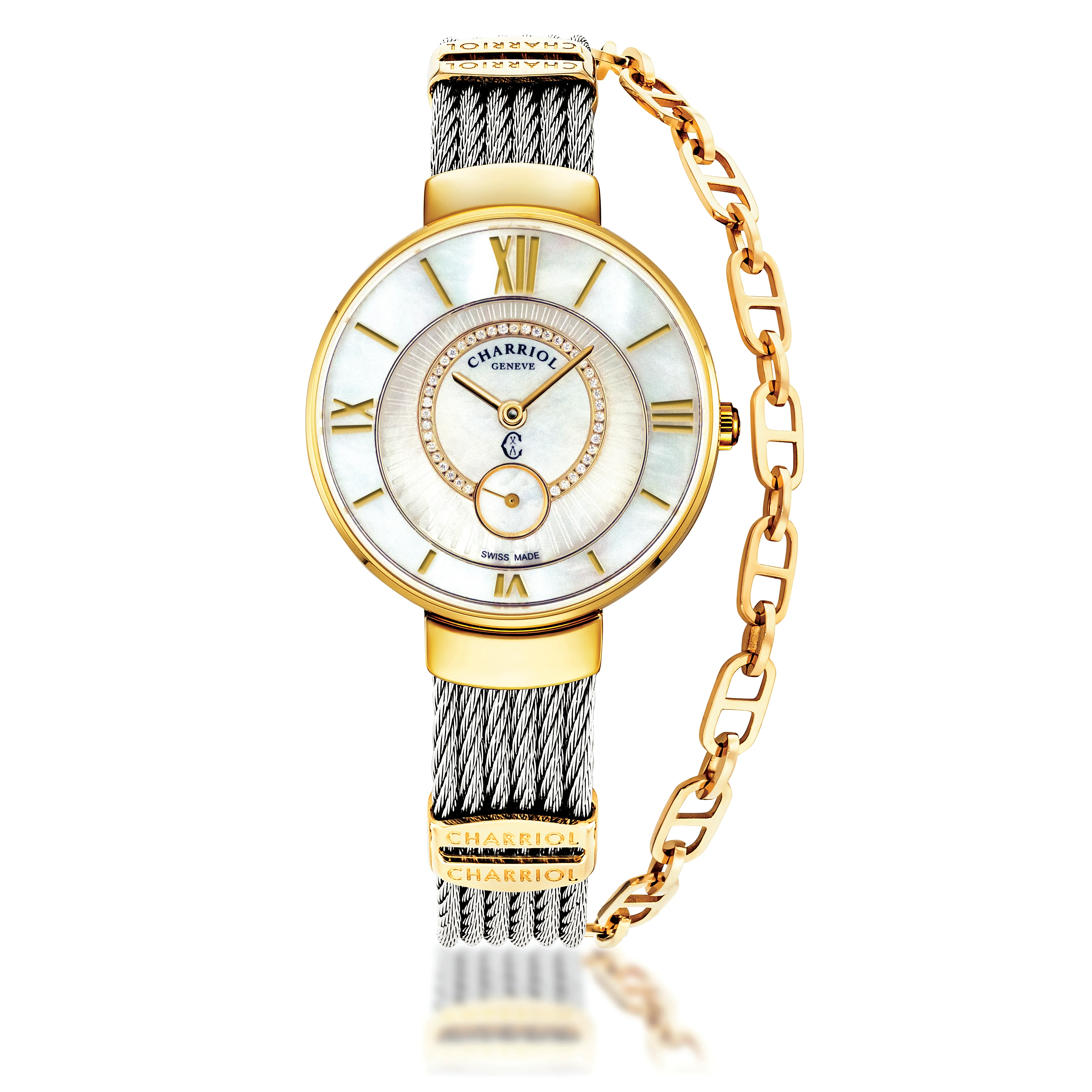 ST-TROPEZ® ECLIPSE, 30MM, STEEL YELLOW GOLD PVD BEZEL, WHITE MOTHER-OF-PEARL WITH 41 DIAMONDS & ROMAN NUMERAL DIAL, STEEL CABLE WITH YELLOW GOLD PVD DECORS BRACELET